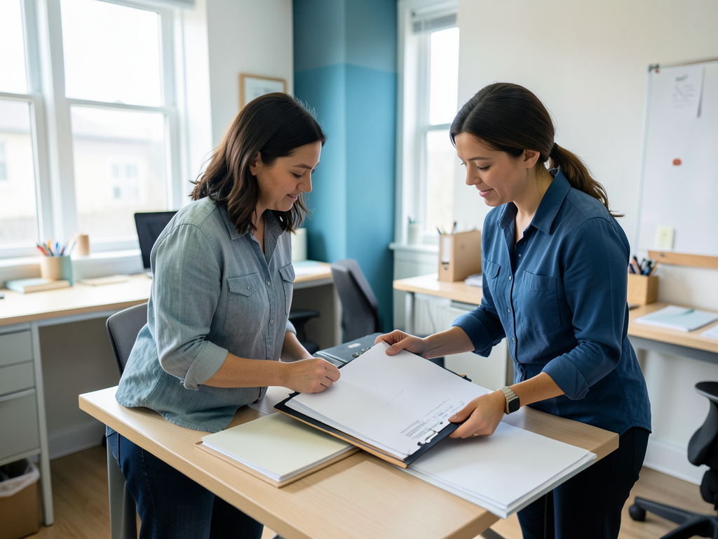 Two women in a bright office collaborate over project folders on a desk.