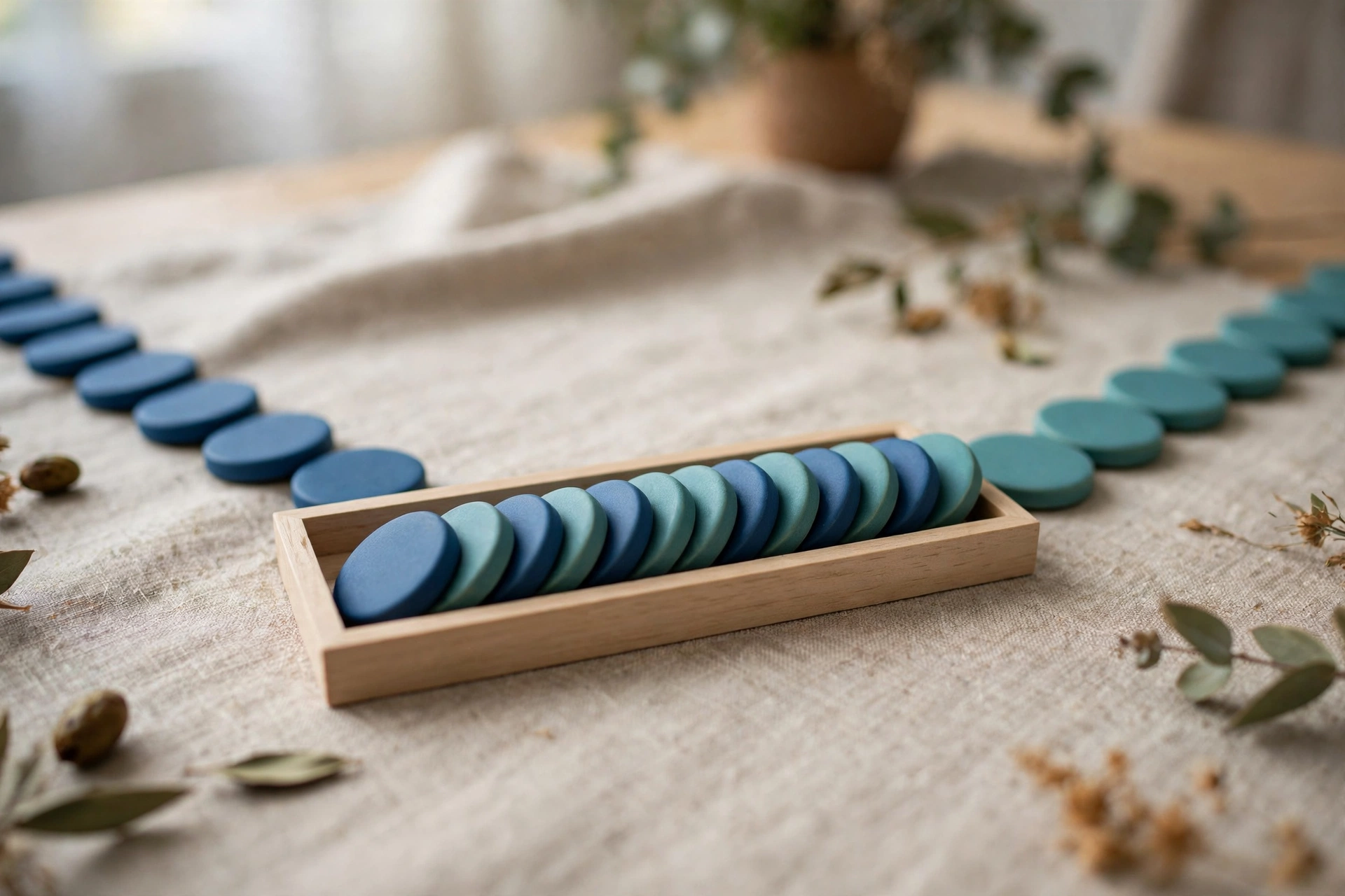 Two streams of blue and teal ceramic tokens converge into a neat ordered row within a shallow sorting tray on a table.