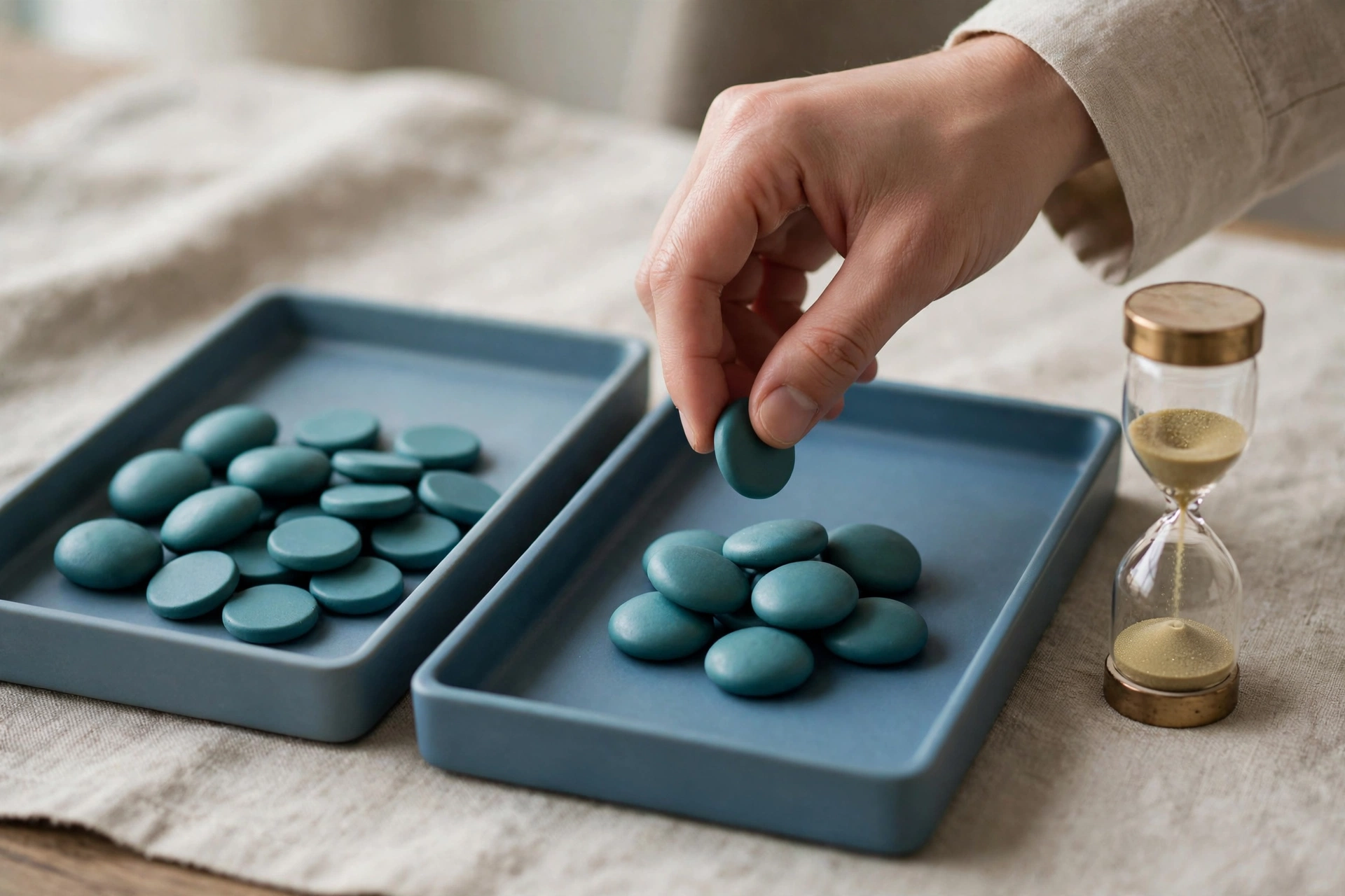 A hand transfers a teal token into a blue tray next to an hourglass with sand flowing.