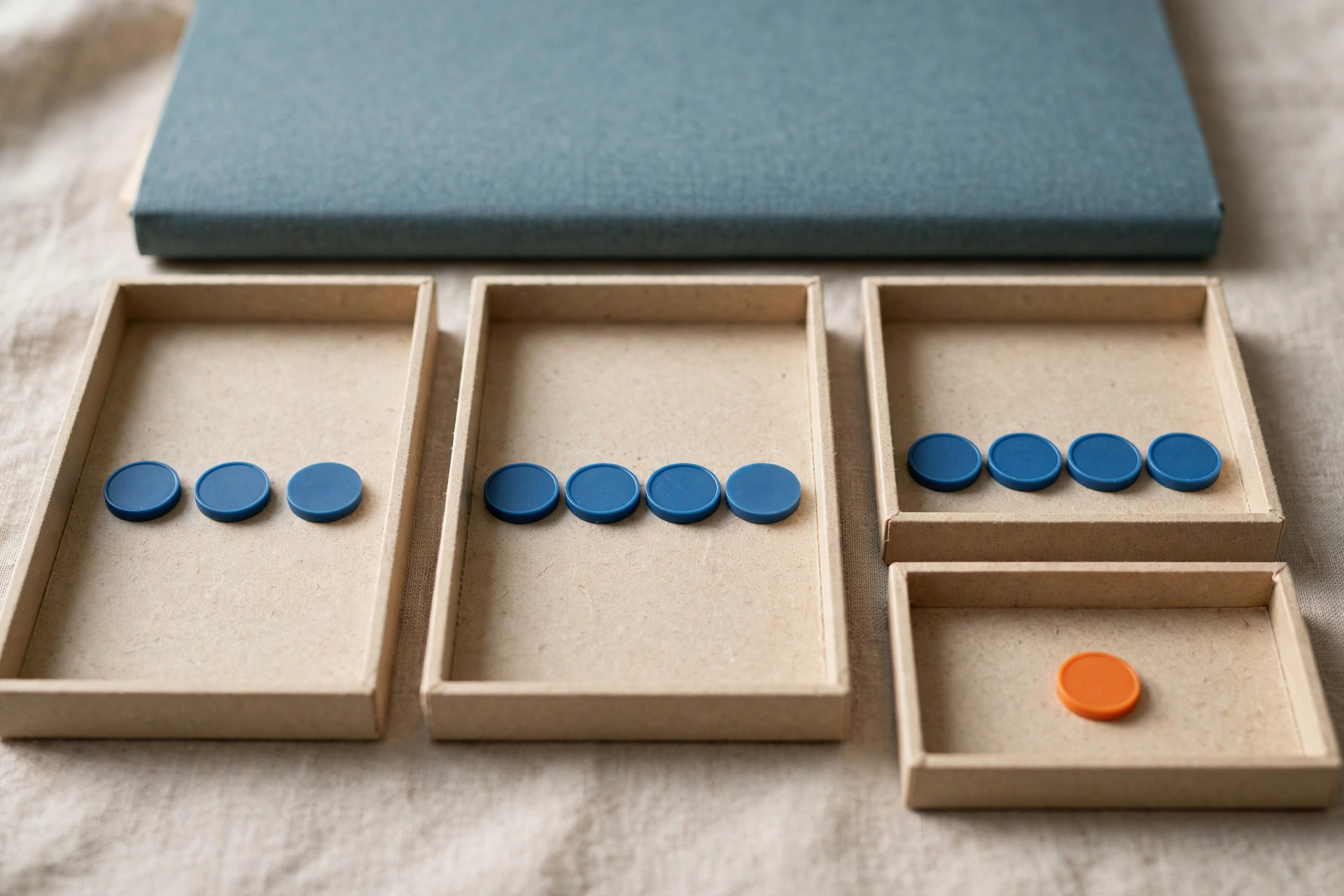 Three shallow office trays with blue tokens progress to a fourth tray with an orange token, with a closed folder behind.