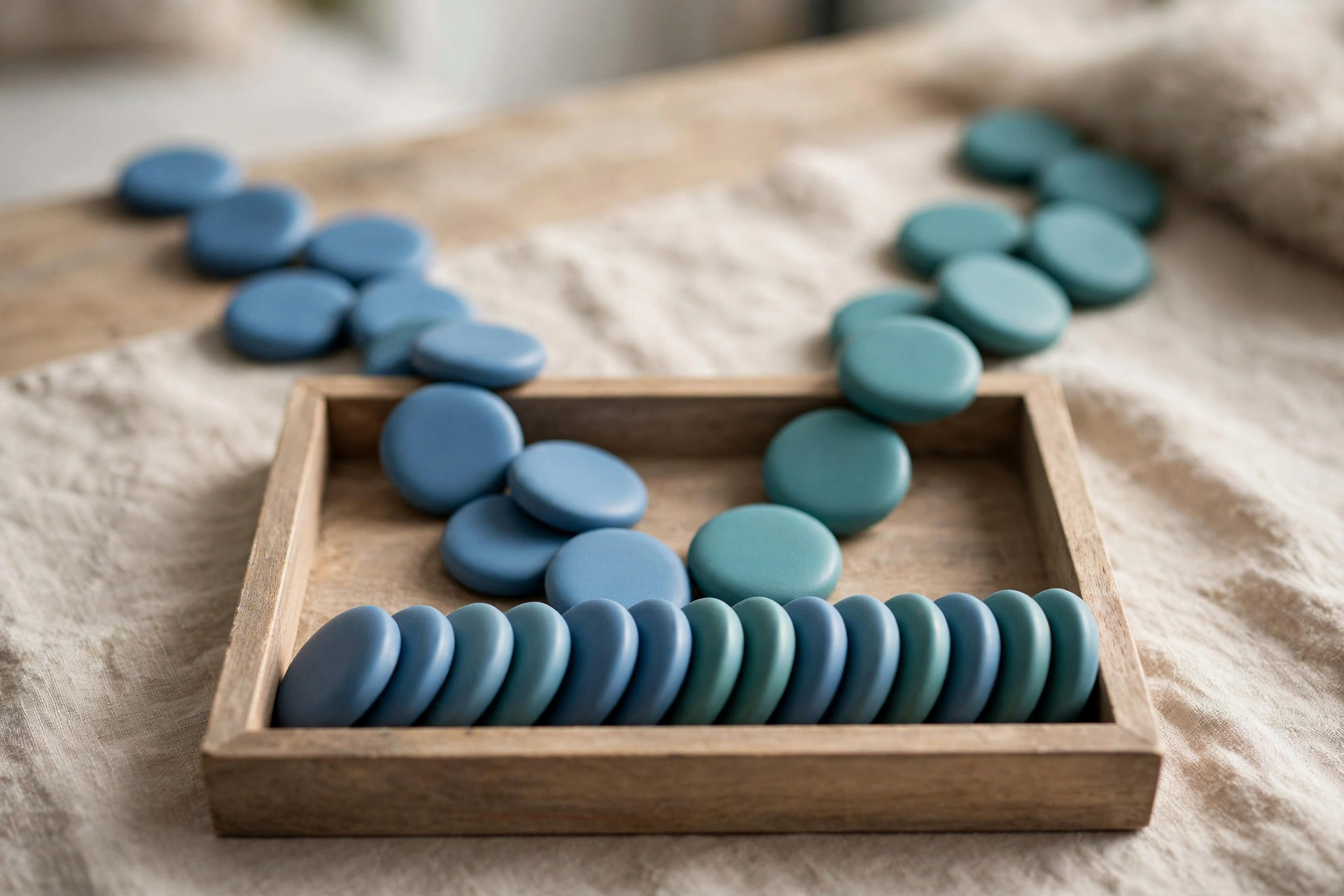 Two streams of blue and teal tokens converge into a single row in a wooden tray on a textured cloth.
