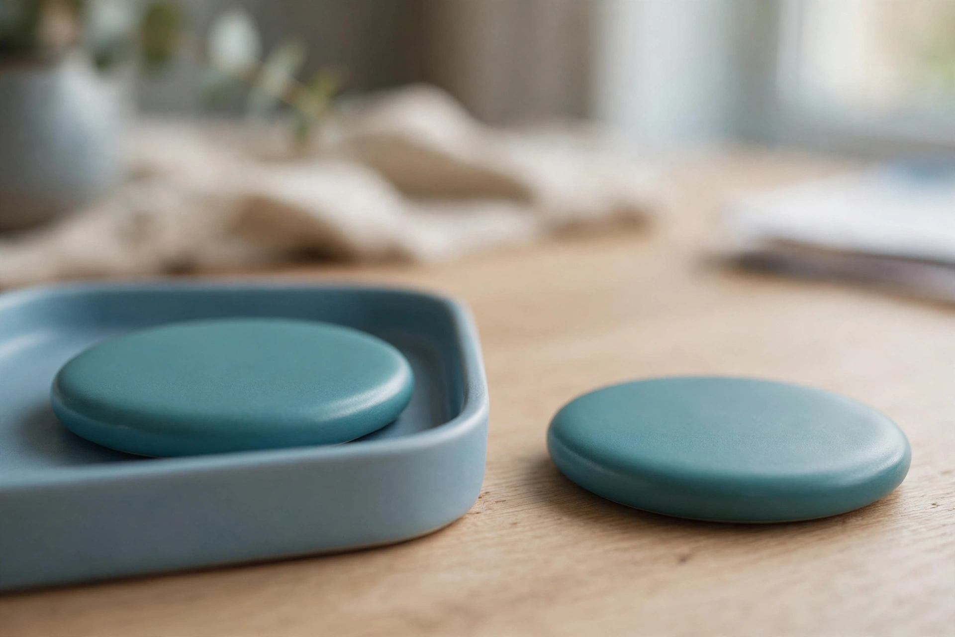 Two identical smooth teal ceramic discs are shown on a wooden desk. One disc rests inside a shallow blue tray, while the other sits separately outside the tray.