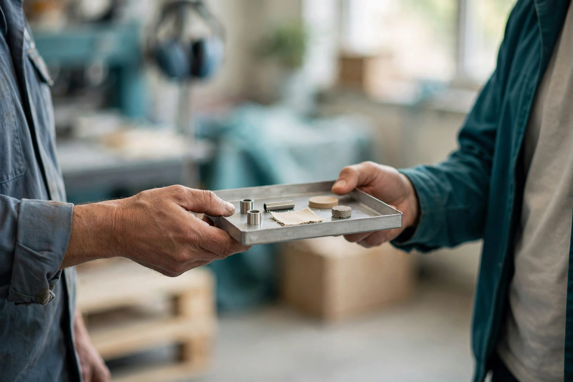 A plant operations colleague hands a sample tray with metal parts and material swatches to a customer-facing teammate in a bright workshop.