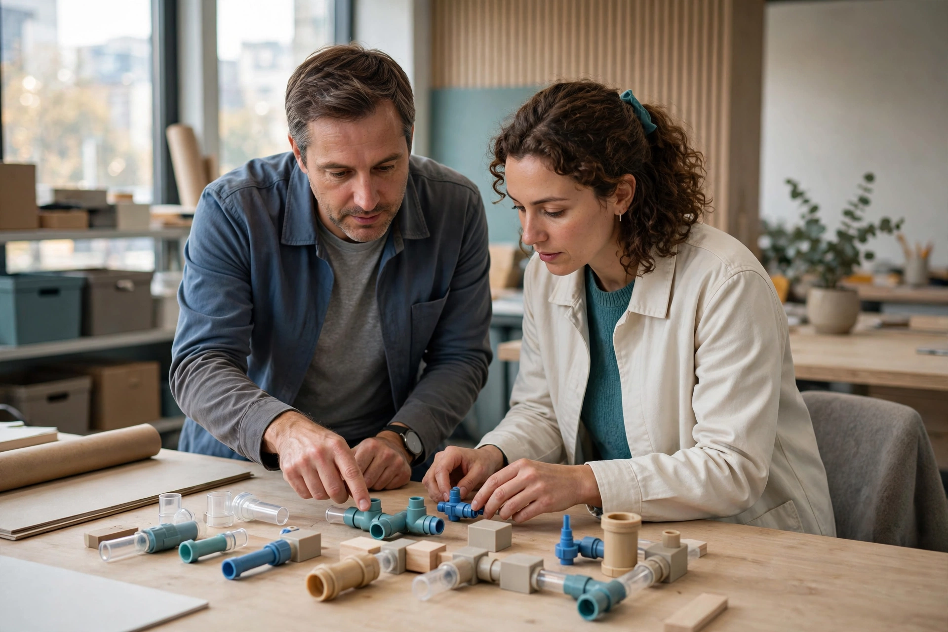 A man points to pipe fittings on a table while a woman holds and assembles them in a workshop.