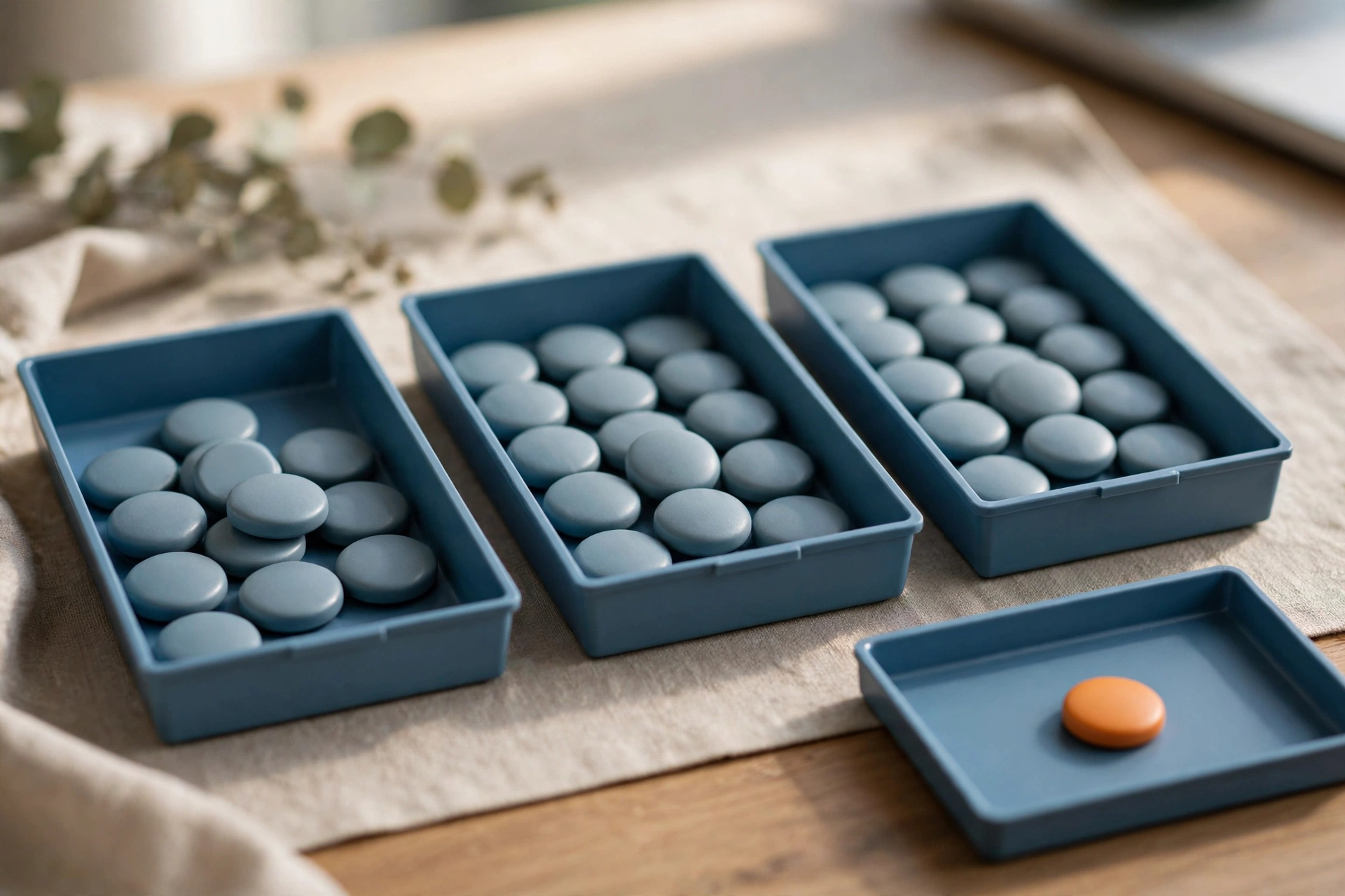Three blue sorting trays hold blue tokens, with a fourth blue tray containing a single orange token, arranged on a textured surface.