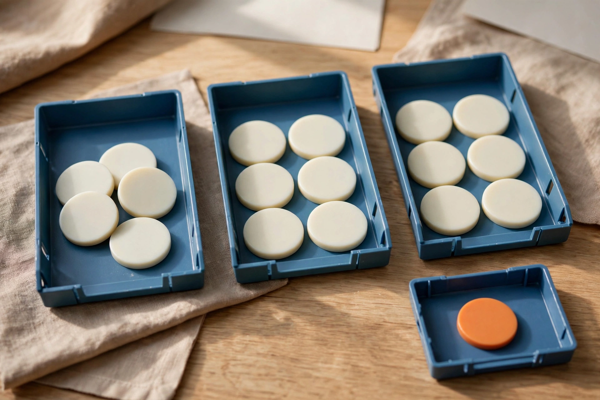 Three blue trays with white tokens and a fourth blue tray with an orange token are arranged on a wooden surface.