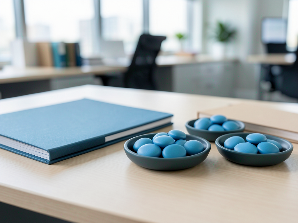Blue tokens are arranged in shallow trays on a desk next to a blue book, symbolizing a business process.