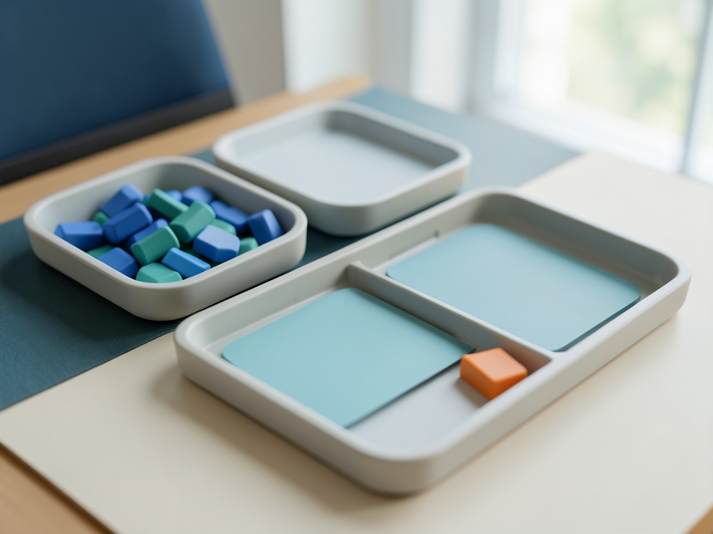 Two trays of blue and teal tokens feed into a larger organized tray with an orange token beside it on a desk.