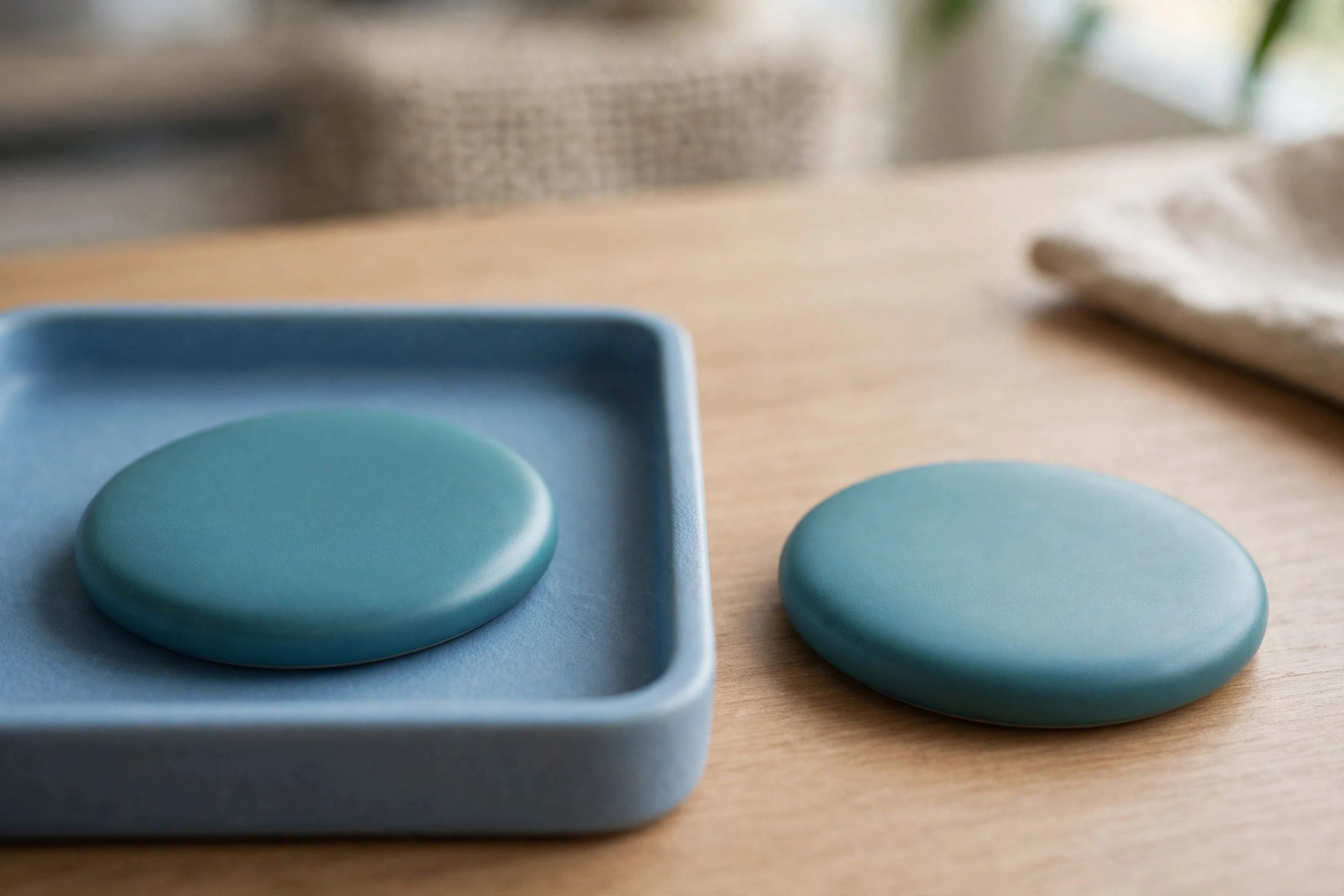 Two identical teal discs are shown on a wooden desk; one sits in a blue tray, and the other is placed separately beside it.