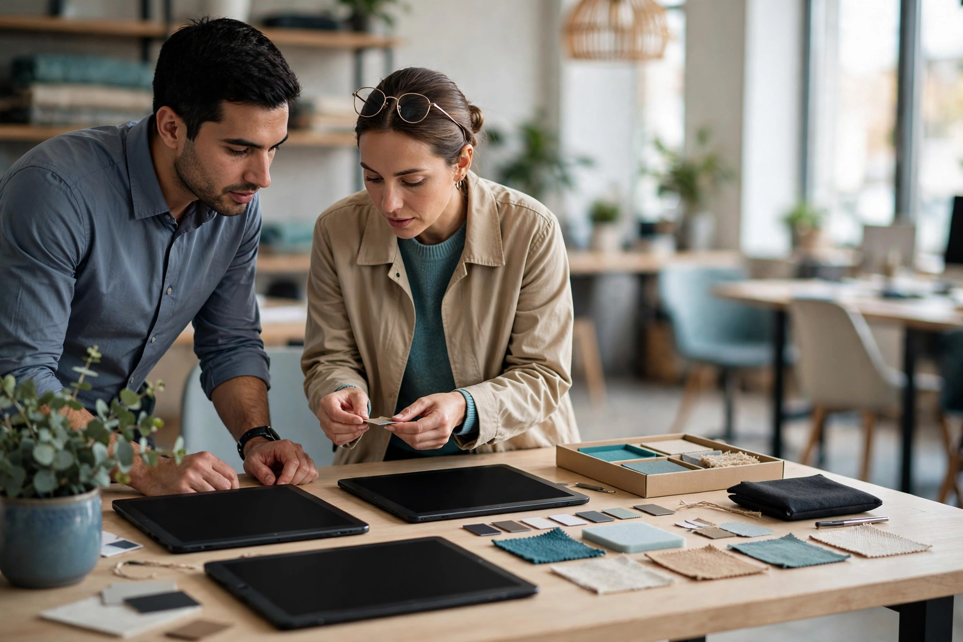 A man and a woman examine small samples on a table in a bright office workshop.