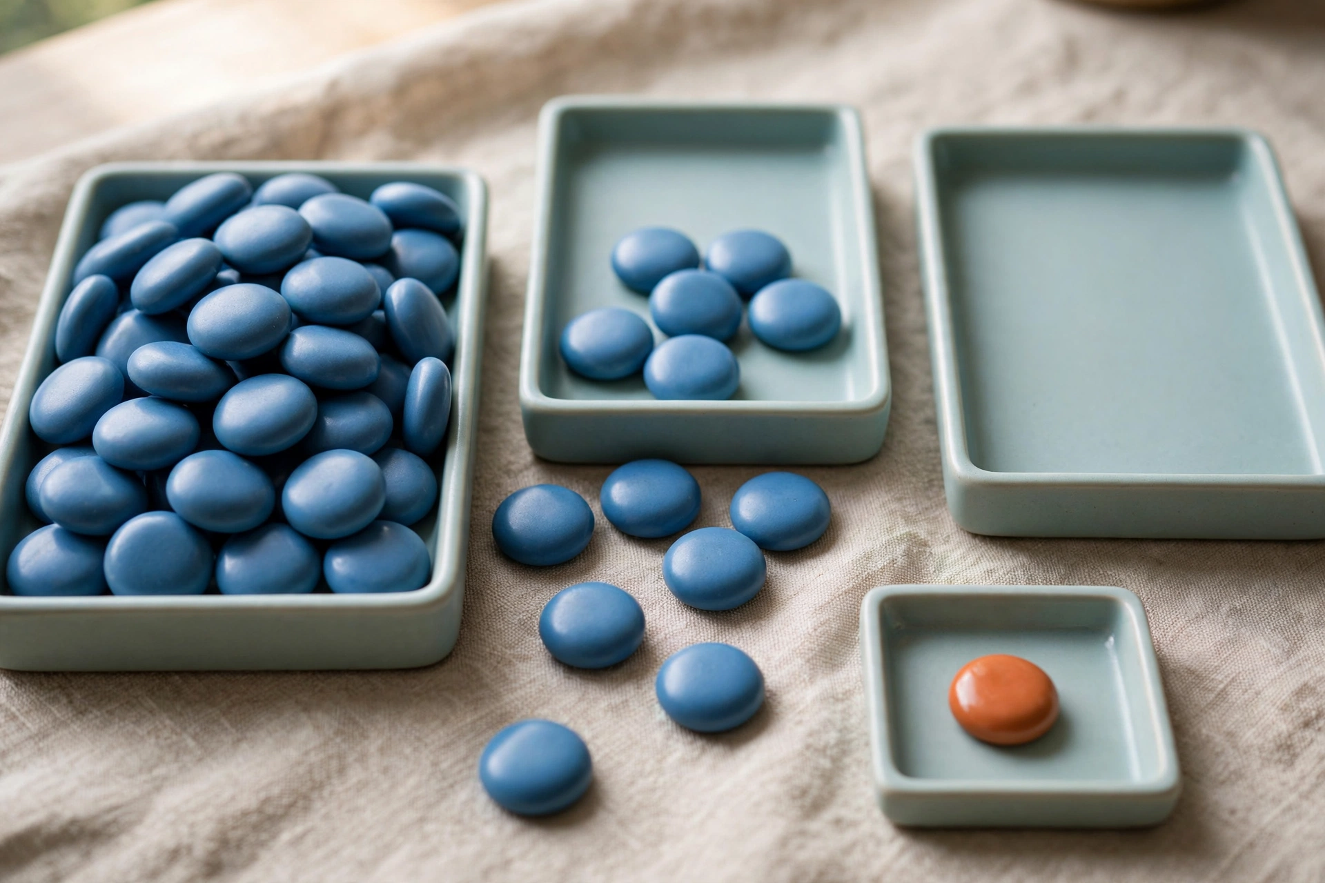 Three shallow trays hold blue tokens, with one tray overflowing and another empty, while a small tray holds a single orange token.
