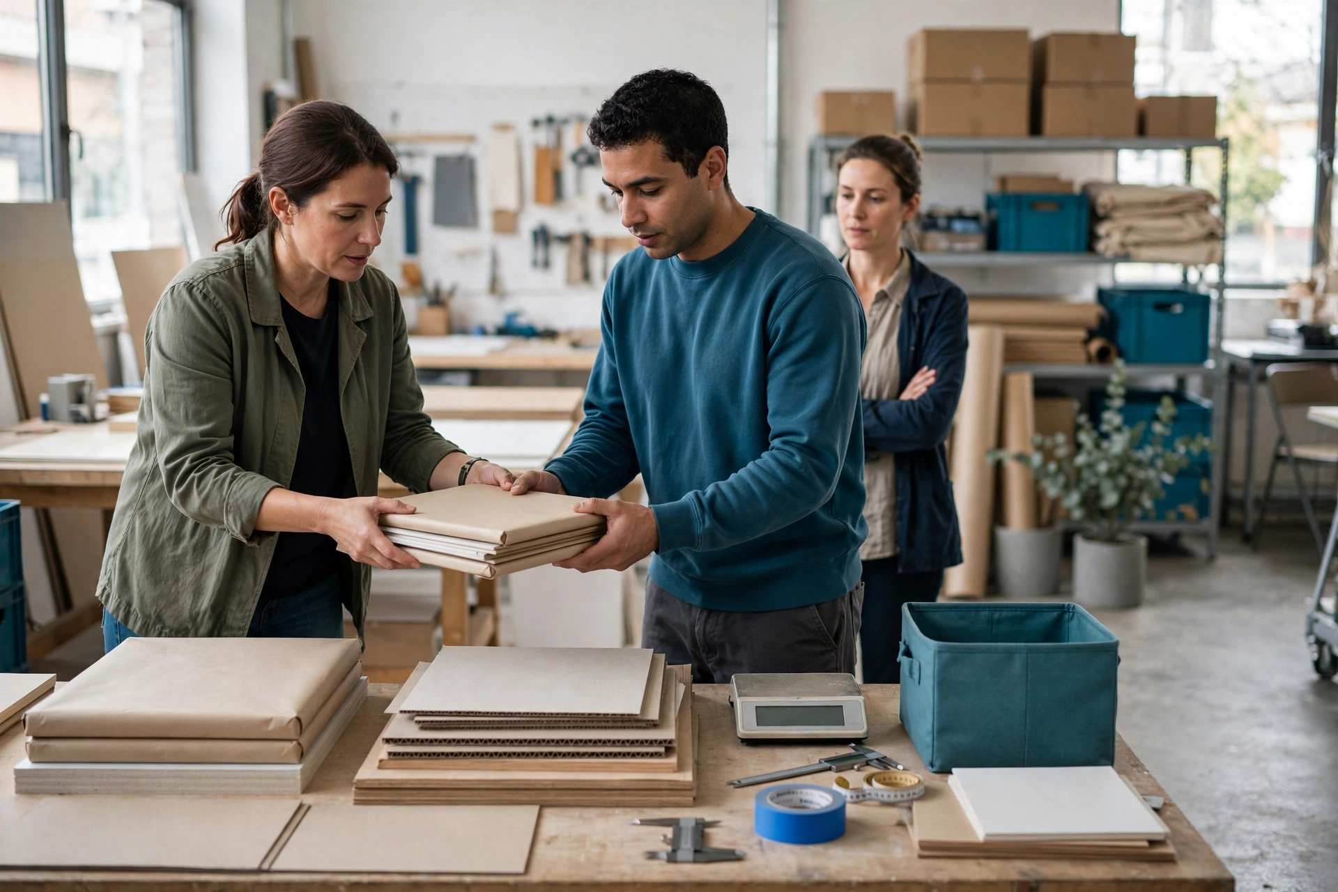 A woman hands a stack of materials to a man while another woman watches in a workshop.