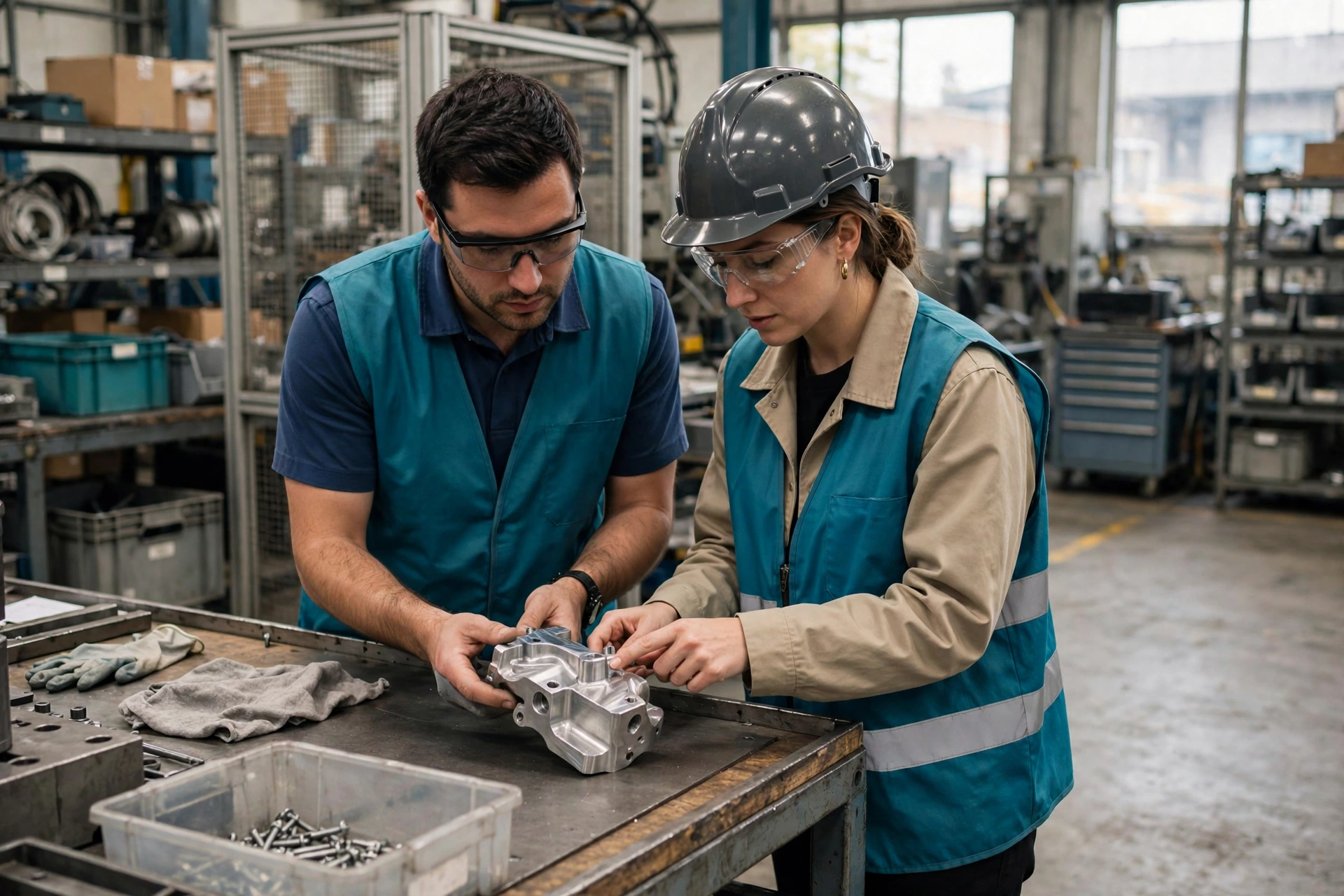 A man and a woman in a factory work cell inspect a metal component on a workbench.