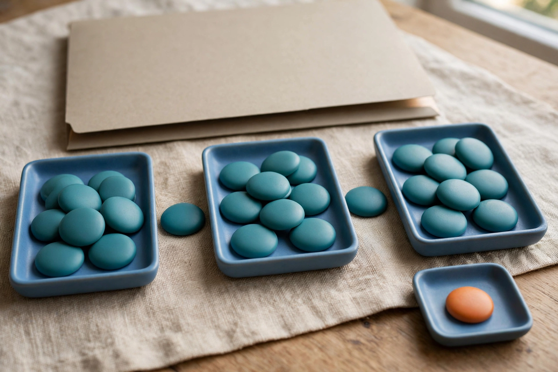 Three blue trays with teal tokens in a sequence, and a separate tray with an orange token, sit on a textured cloth.