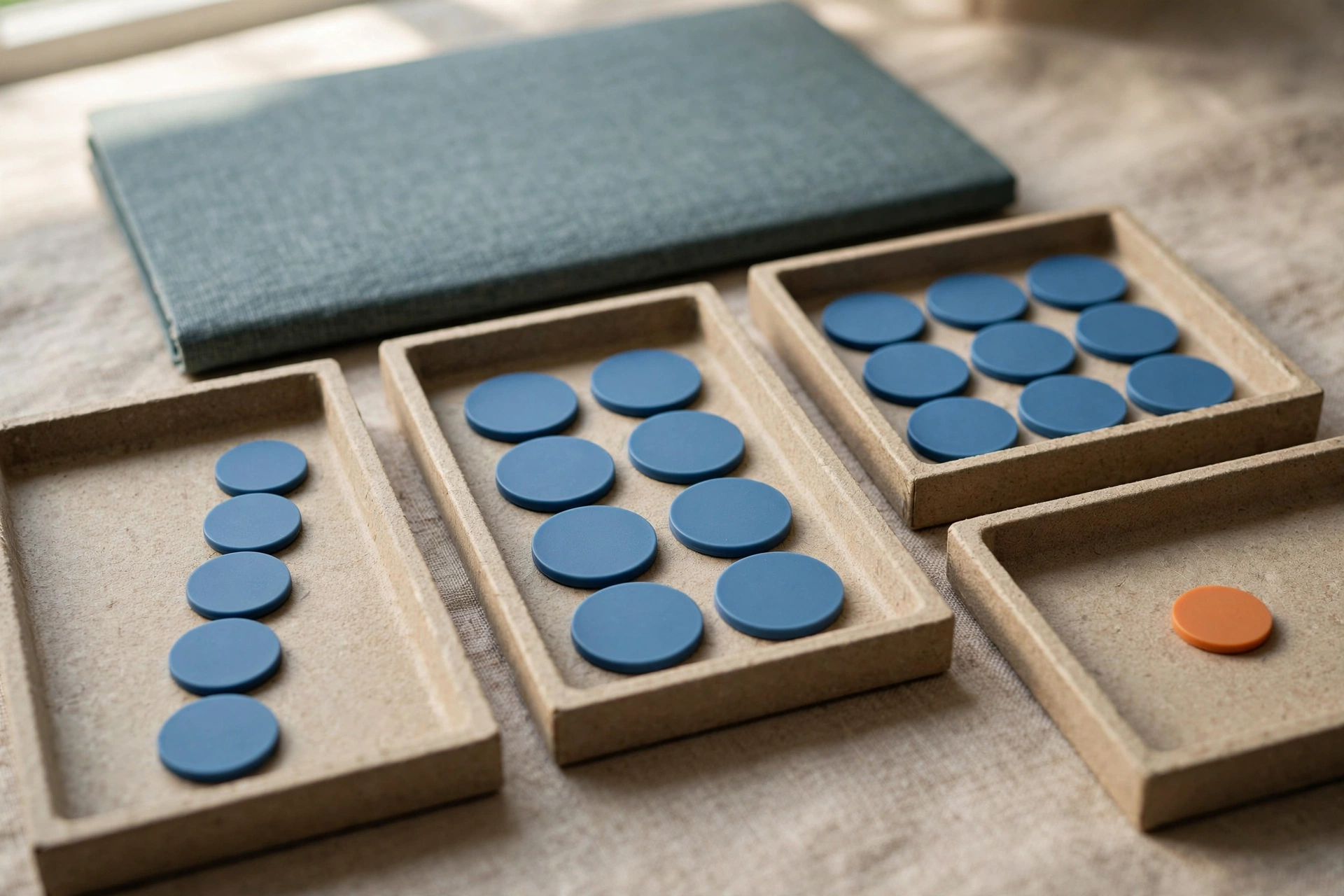 Three shallow office trays with blue tokens progress from left to right, with an orange token isolated in a fourth tray.