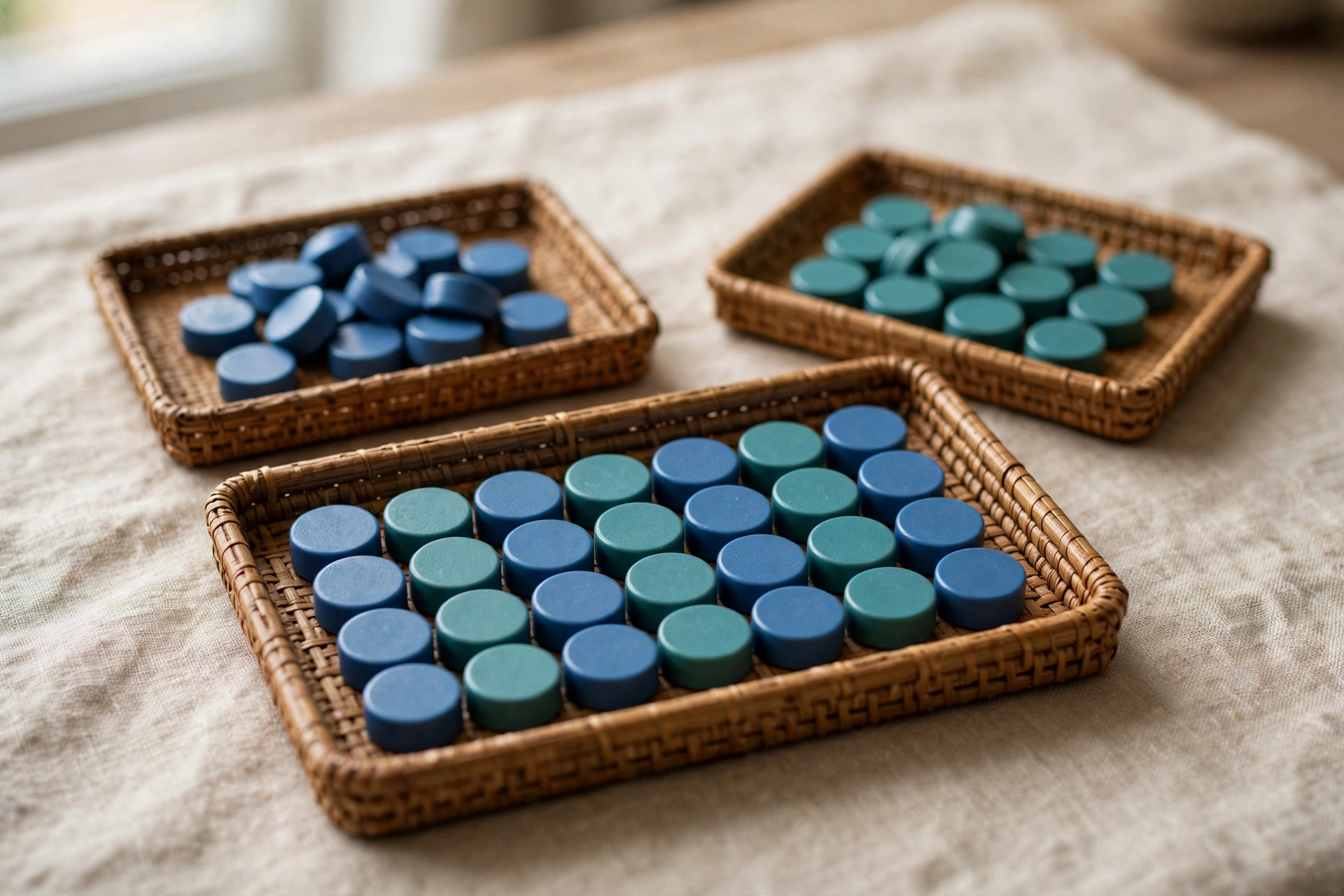 Three woven trays hold blue and teal tokens, with one tray showing a neat sequence of both colors combined.