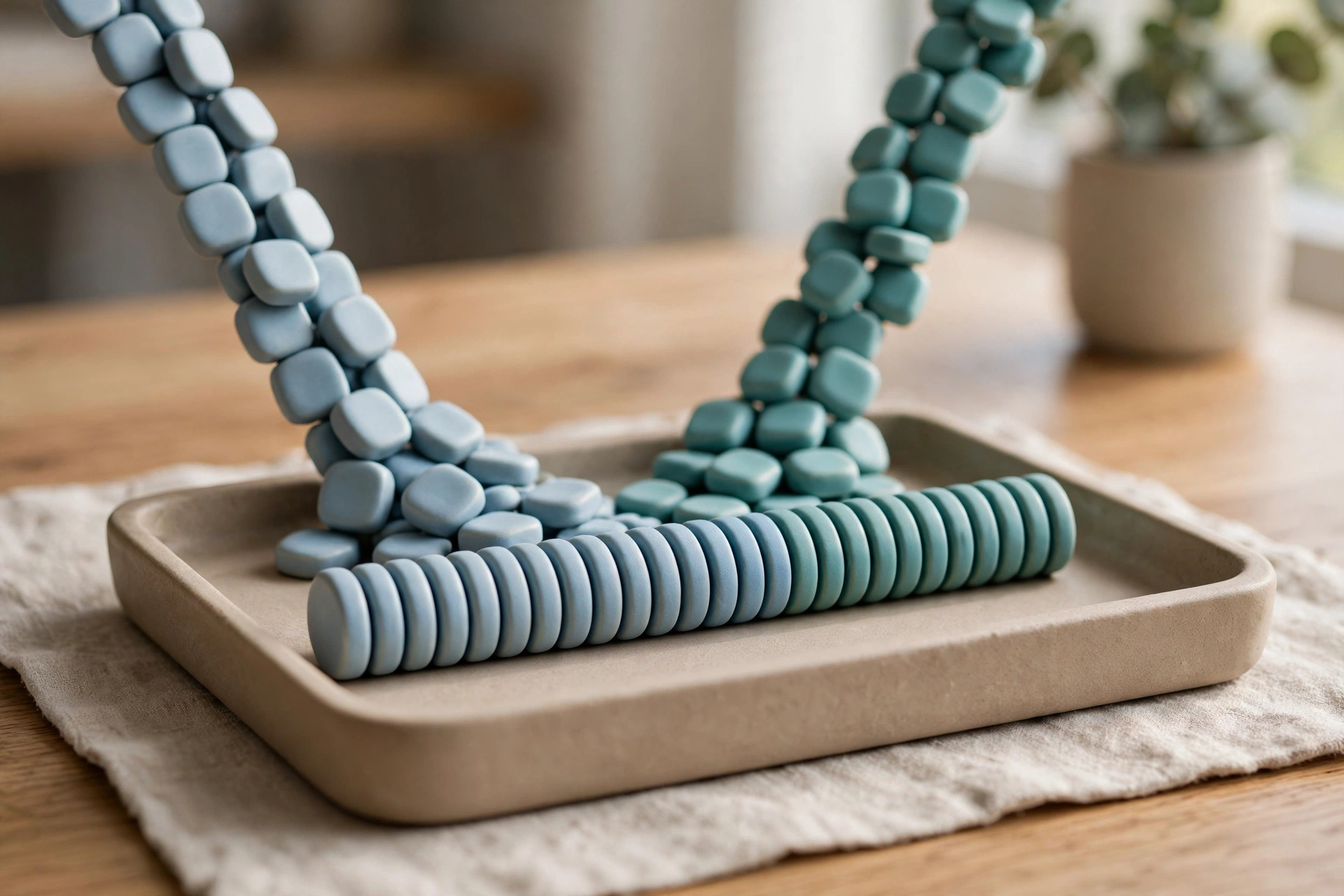 Two streams of blue and teal tokens converge into a single row in a tray on a wooden surface.