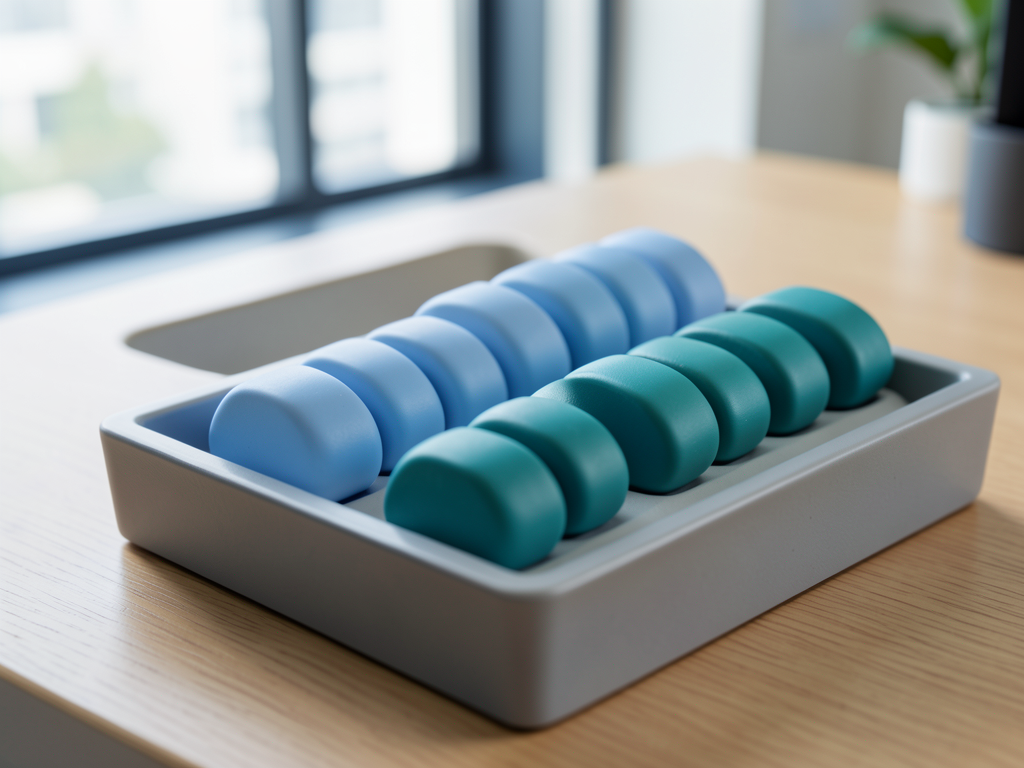 Two rows of blue and teal ceramic tokens converge into a single ordered row within a shallow sorting tray on a wooden desk.