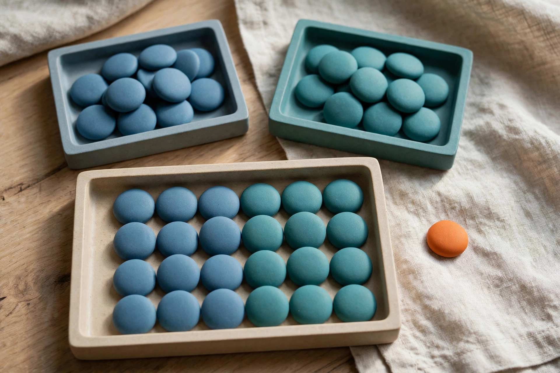 Two square trays of blue and teal tokens converge into a single rectangular tray, with one orange token placed to the side on a textured cloth.
