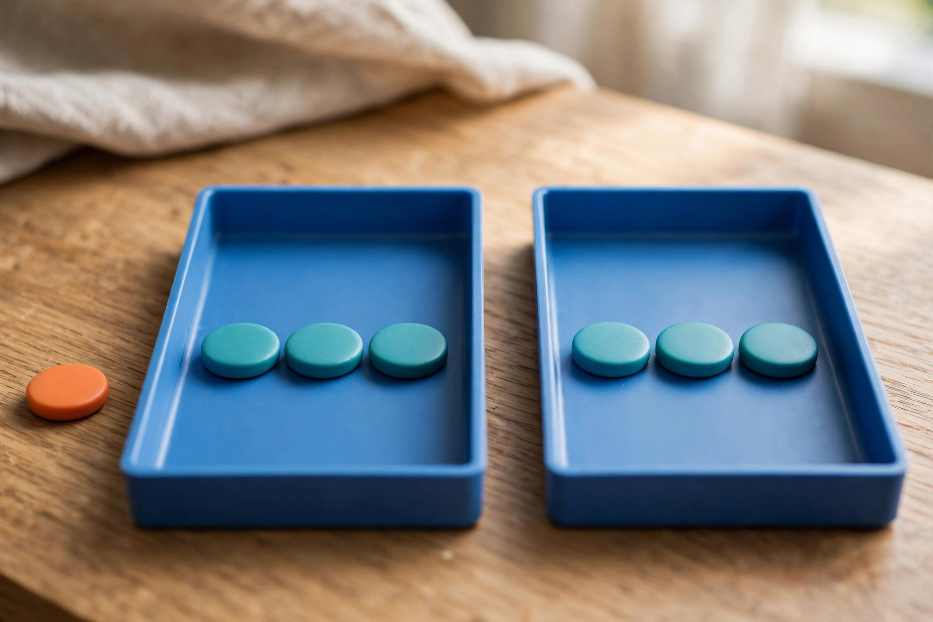 Two blue sorting trays hold teal tokens, with an orange token placed outside the left tray on a wooden surface.