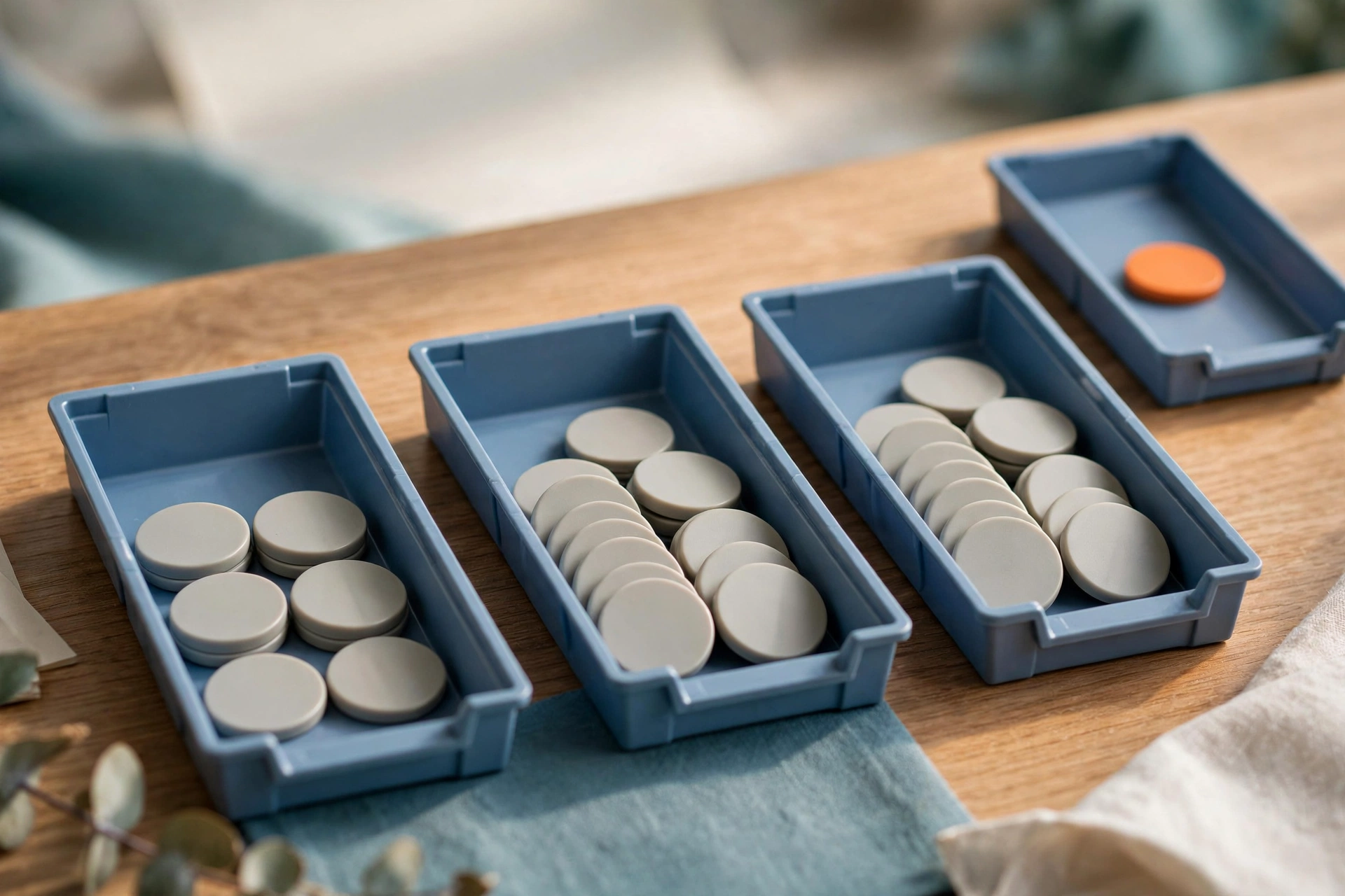 Three blue sorting trays hold gray tokens in ordered stages, with a fourth tray containing a single orange token for an exception.