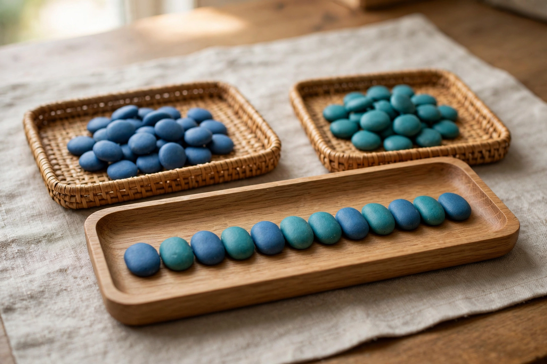 Two woven trays of blue and teal tokens are shown, with a wooden tray in front displaying a neat sequence of both colors.