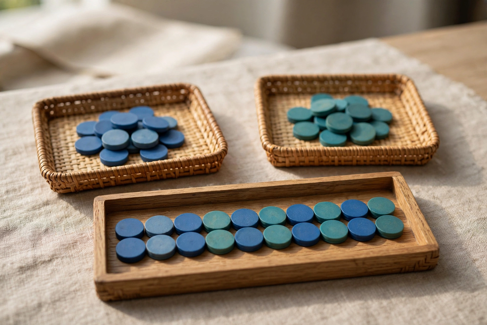 Two small woven trays hold piles of blue and teal tokens, with a larger wooden tray in front containing a neat sequence of both colors.