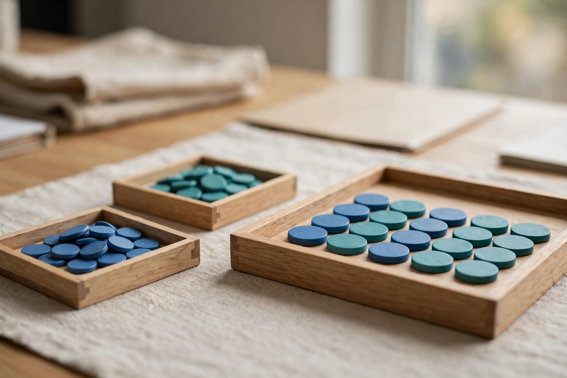 Three wooden trays with blue and teal tokens are arranged on a table, symbolizing the integration of separate groups into one.