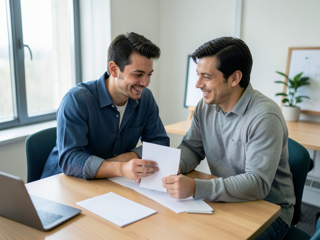Two smiling men sit at a table reviewing papers in a bright office setting.