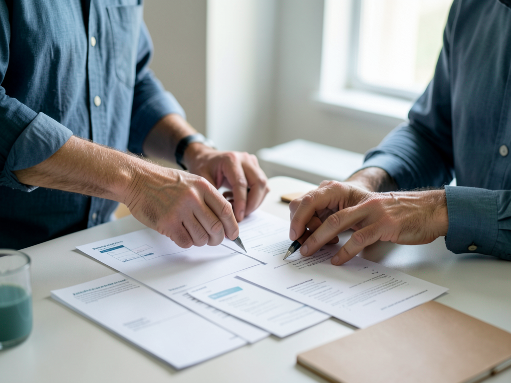 Two colleagues review documents together at a table in a well-lit studio, with one pointing to a paper.