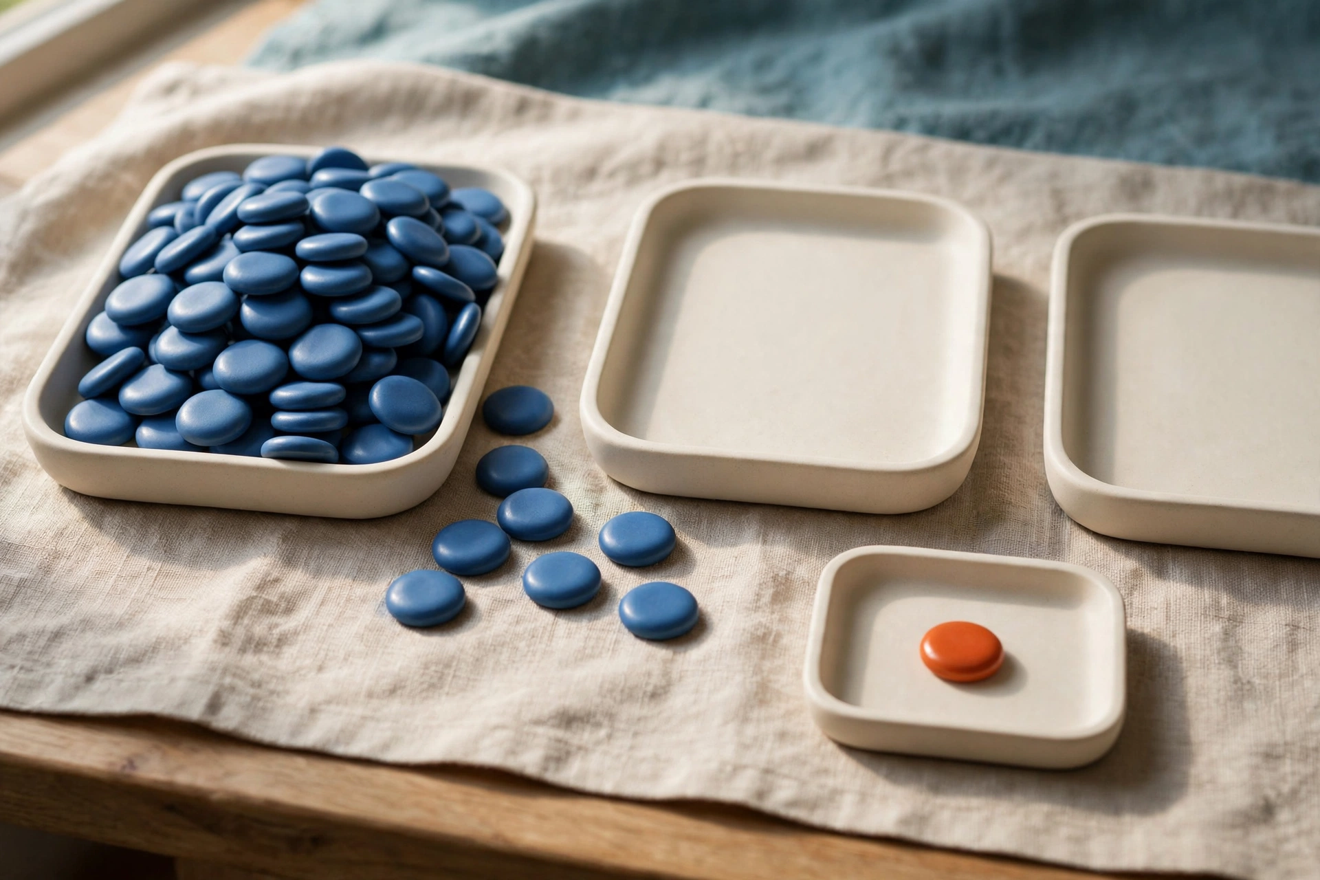 Three shallow trays hold blue tokens, with one tray containing an orange token, arranged on a textured cloth.