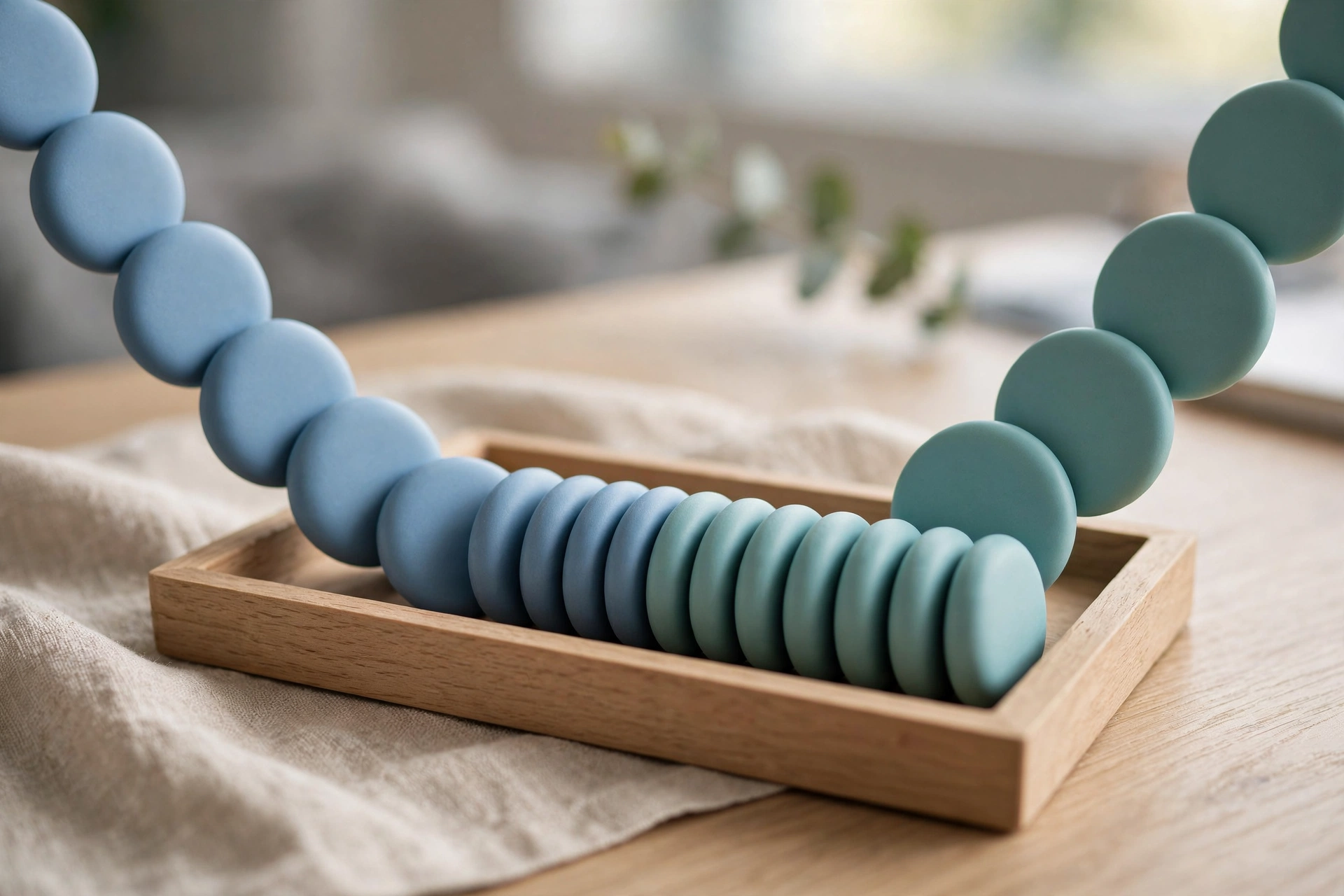 Blue and teal tokens are arranged in a wooden tray, representing the convergence of separate streams into one organized group.