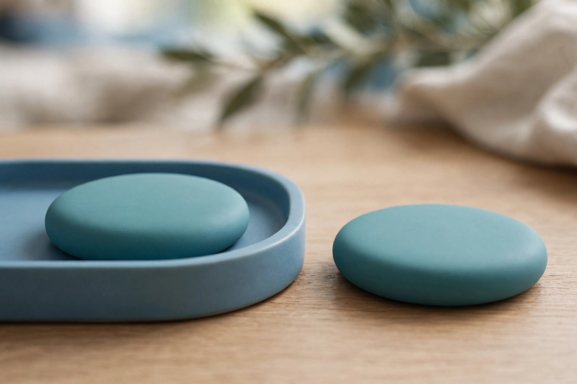 Two identical teal discs sit on a wooden desk; one is in a blue tray, the other is separated outside.