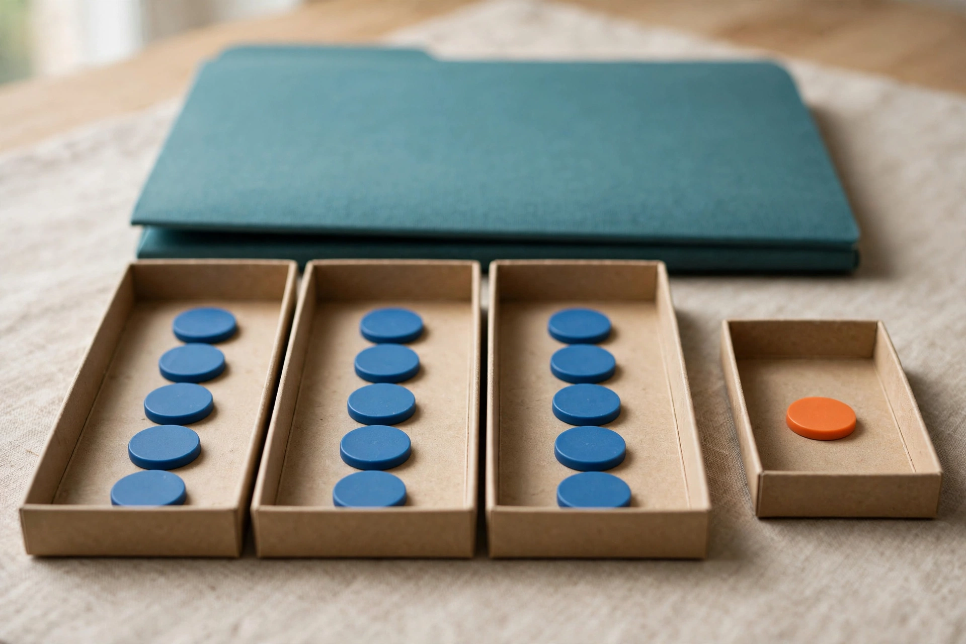 Blue tokens are sorted into three trays, and one orange token is in a separate tray, with a teal folder behind them.