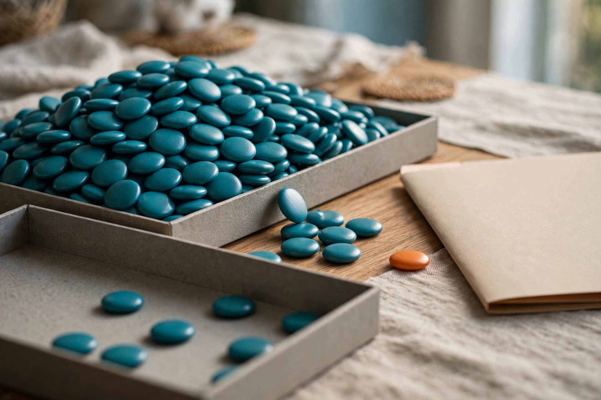 Teal tokens are piled in a tray and scattered on a desk next to an orange token and a closed folder.