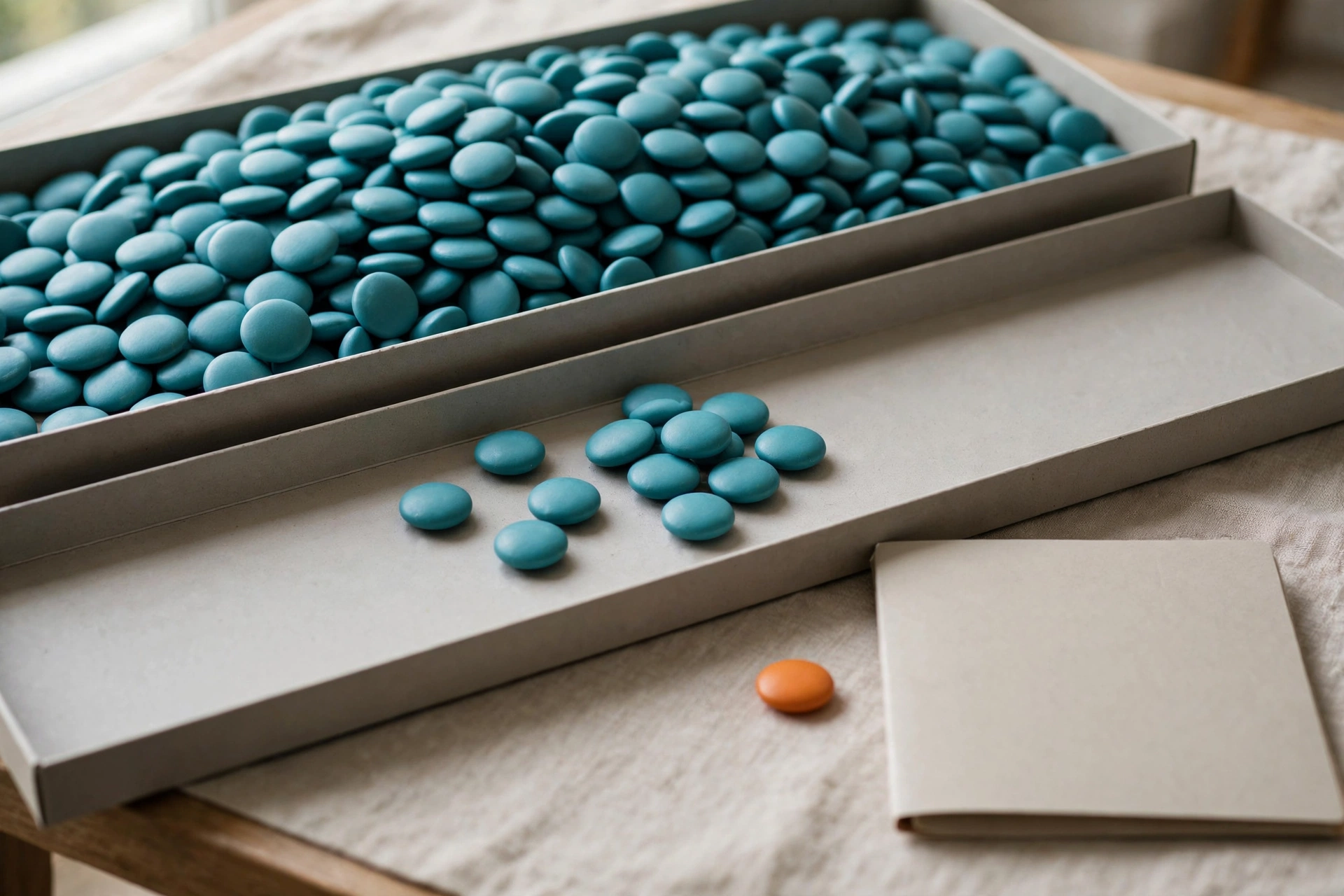 Teal tokens fill one tray, with a group of teal tokens in a second tray and an orange token beside a blank folder.