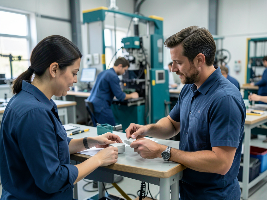 A man and a woman in blue shirts compare small white parts at a table in a manufacturing facility with machinery behind them.