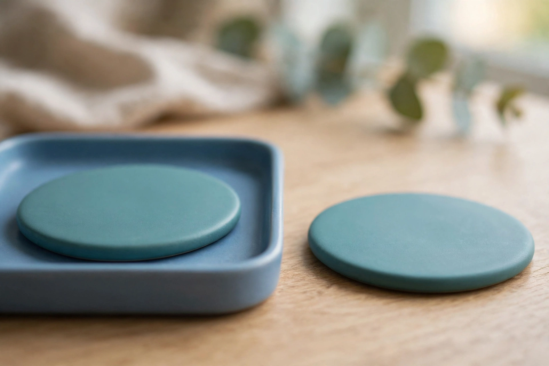 Two identical teal discs are displayed on a wooden desk, with one disc inside a blue tray and the other disc placed separately outside the tray.