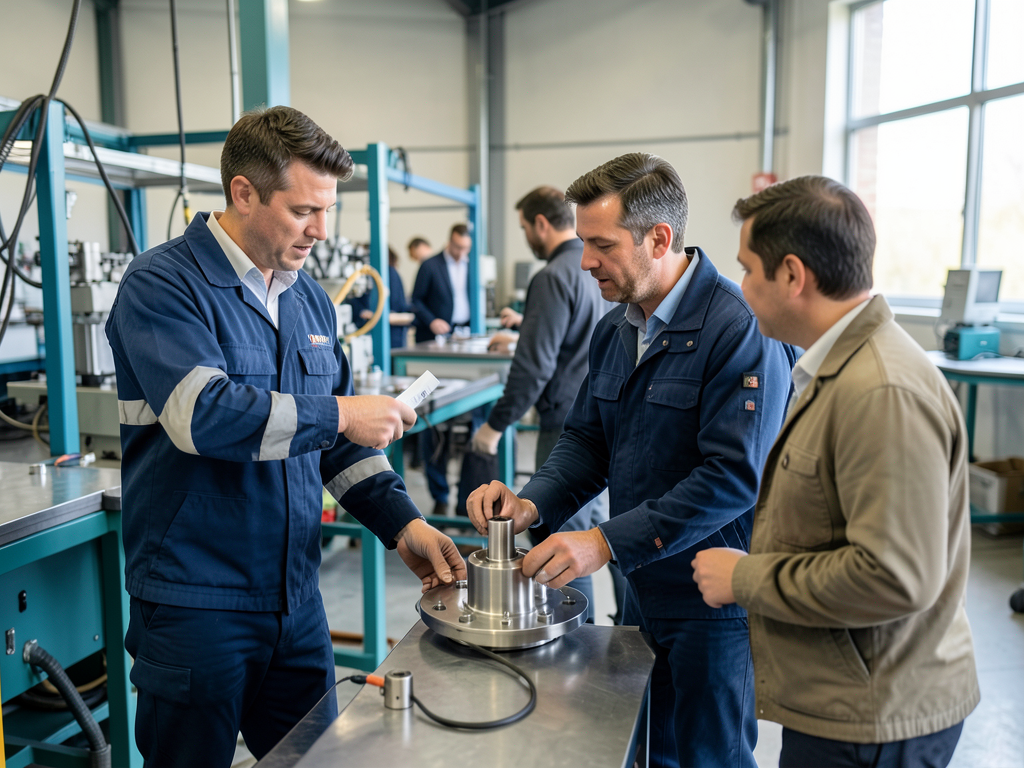 Three men in a factory inspect a metal component on a workbench, with one man holding a document.