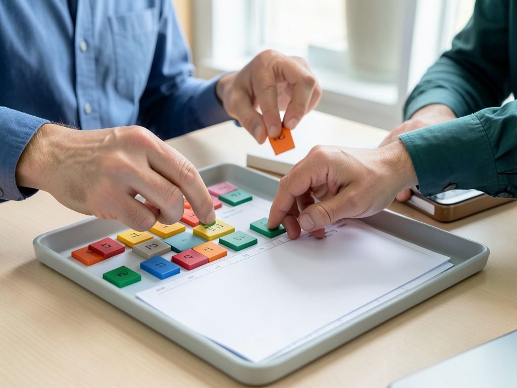 Two colleagues are at a table, moving colored tokens between trays to manage a work plan.