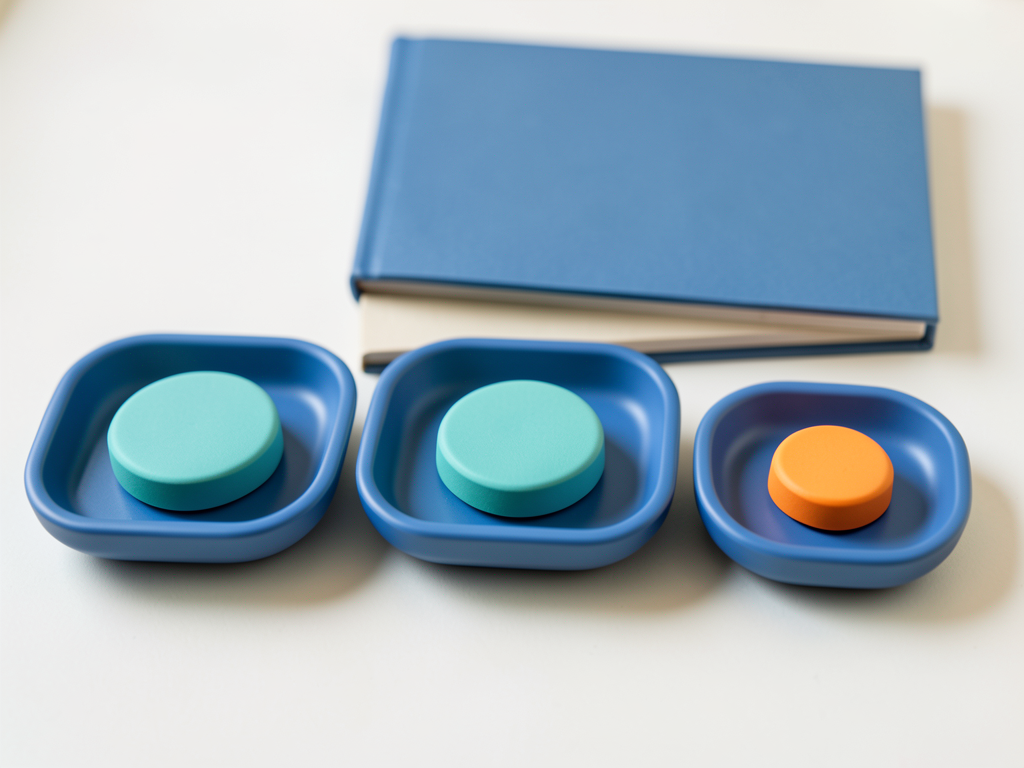 Three blue trays with teal tokens in sequence and one orange token in a separate tray are arranged on a white surface with a blue folder behind.