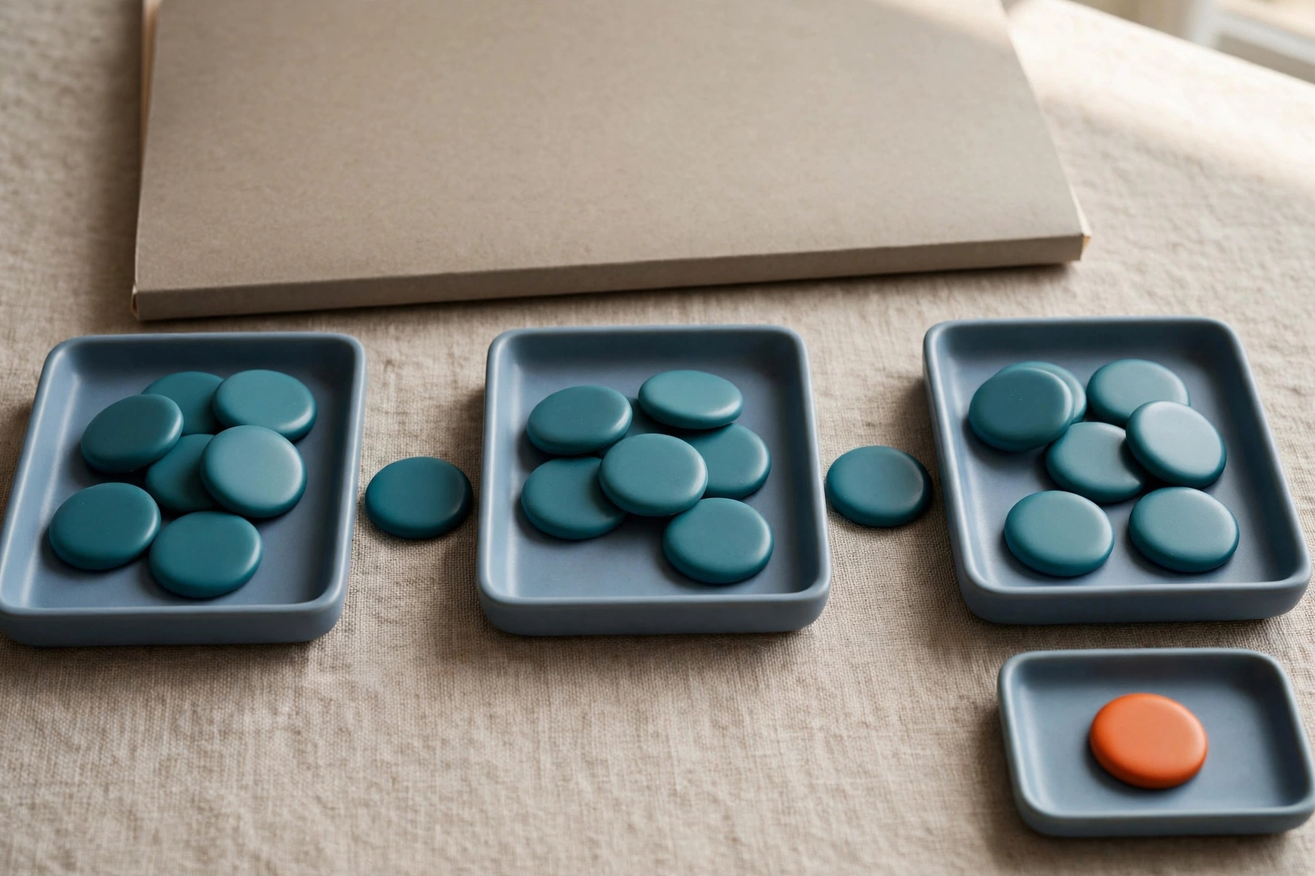Three shallow blue trays with teal tokens are arranged left to right, with a single orange token in a small tray to the right.