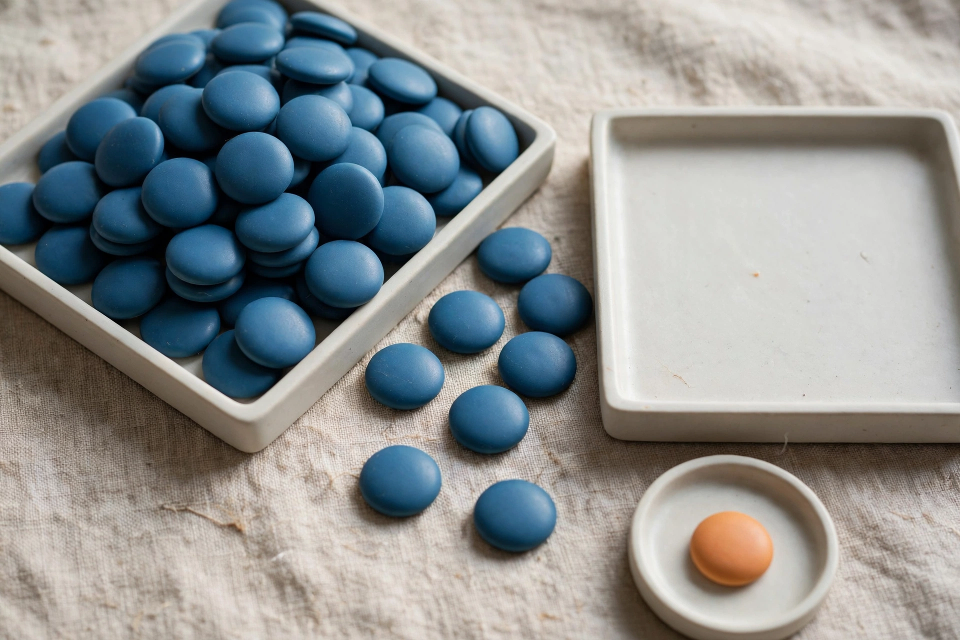 Three shallow trays hold blue ceramic tokens, with one small tray containing a single orange token, arranged on a textured cloth surface.