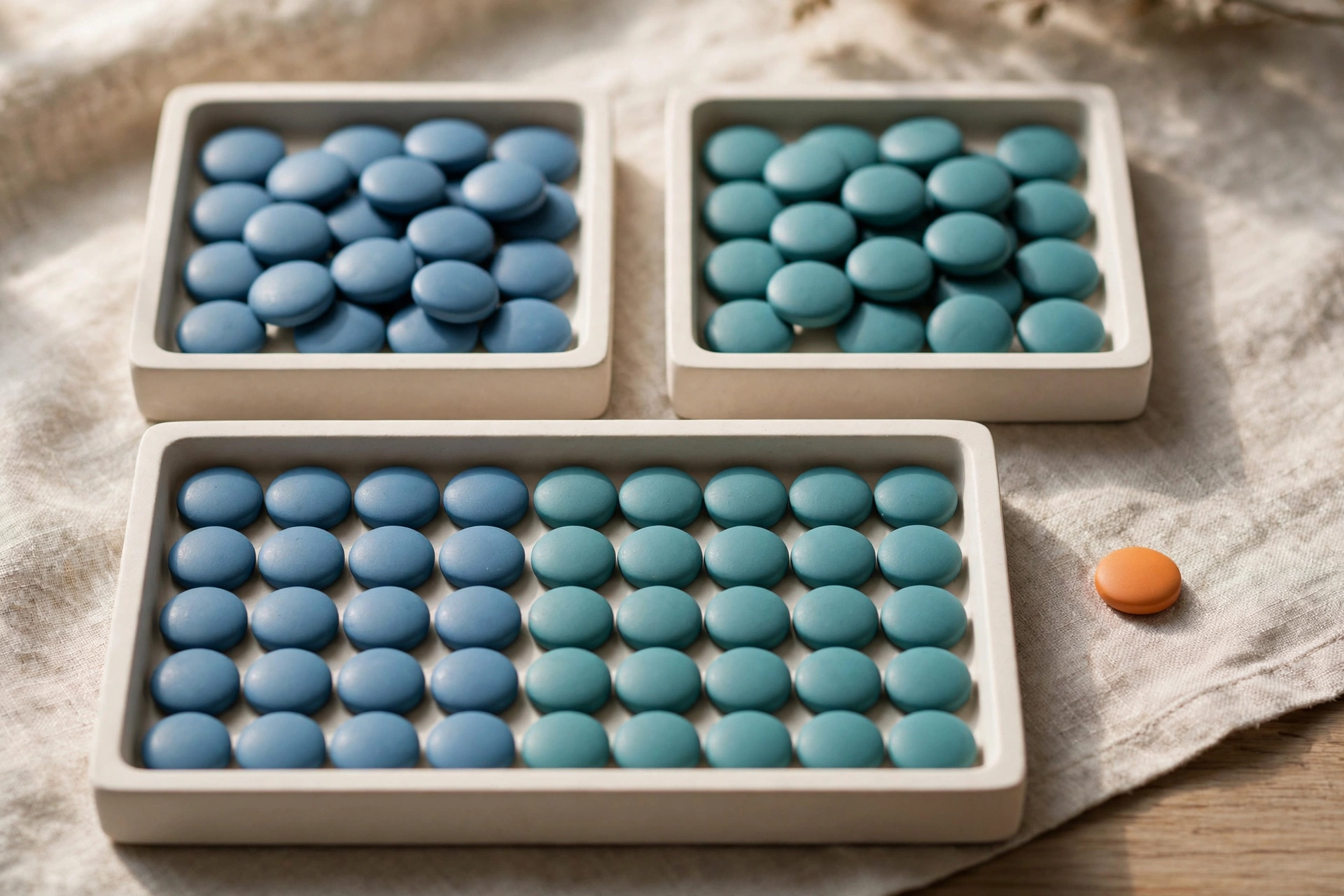 Two square trays of blue and teal tokens converge into a larger organized tray, with a single orange token isolated nearby on a textured surface.
