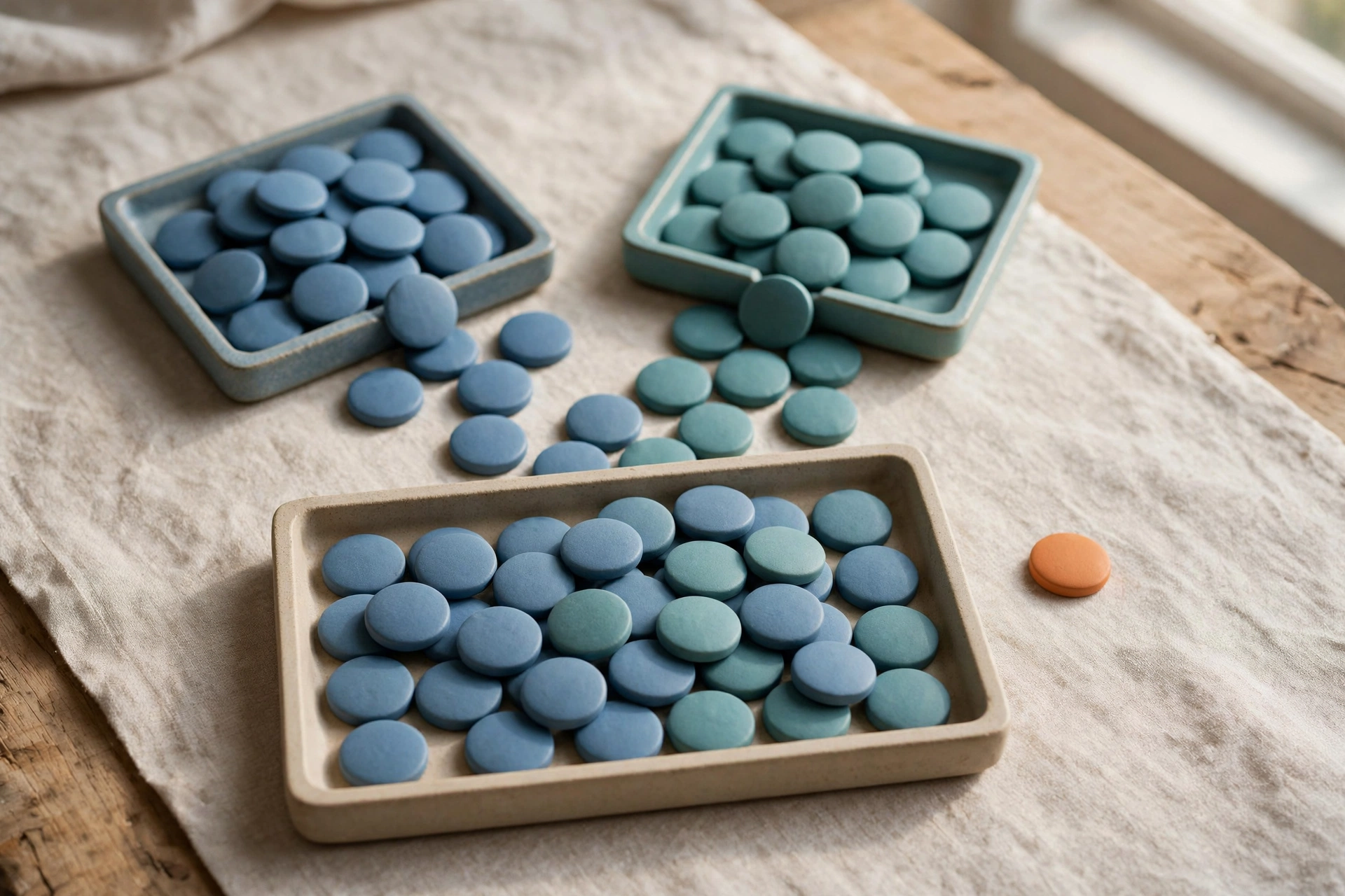 Two square trays of blue and teal tokens pour into a single rectangular tray, with one orange token beside it.