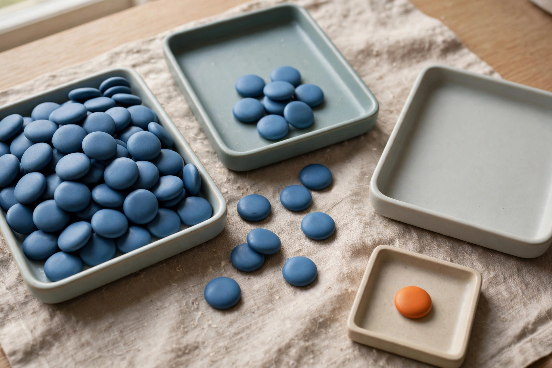 Three shallow trays hold blue tokens, with one tray containing an orange token, arranged on a textured cloth.