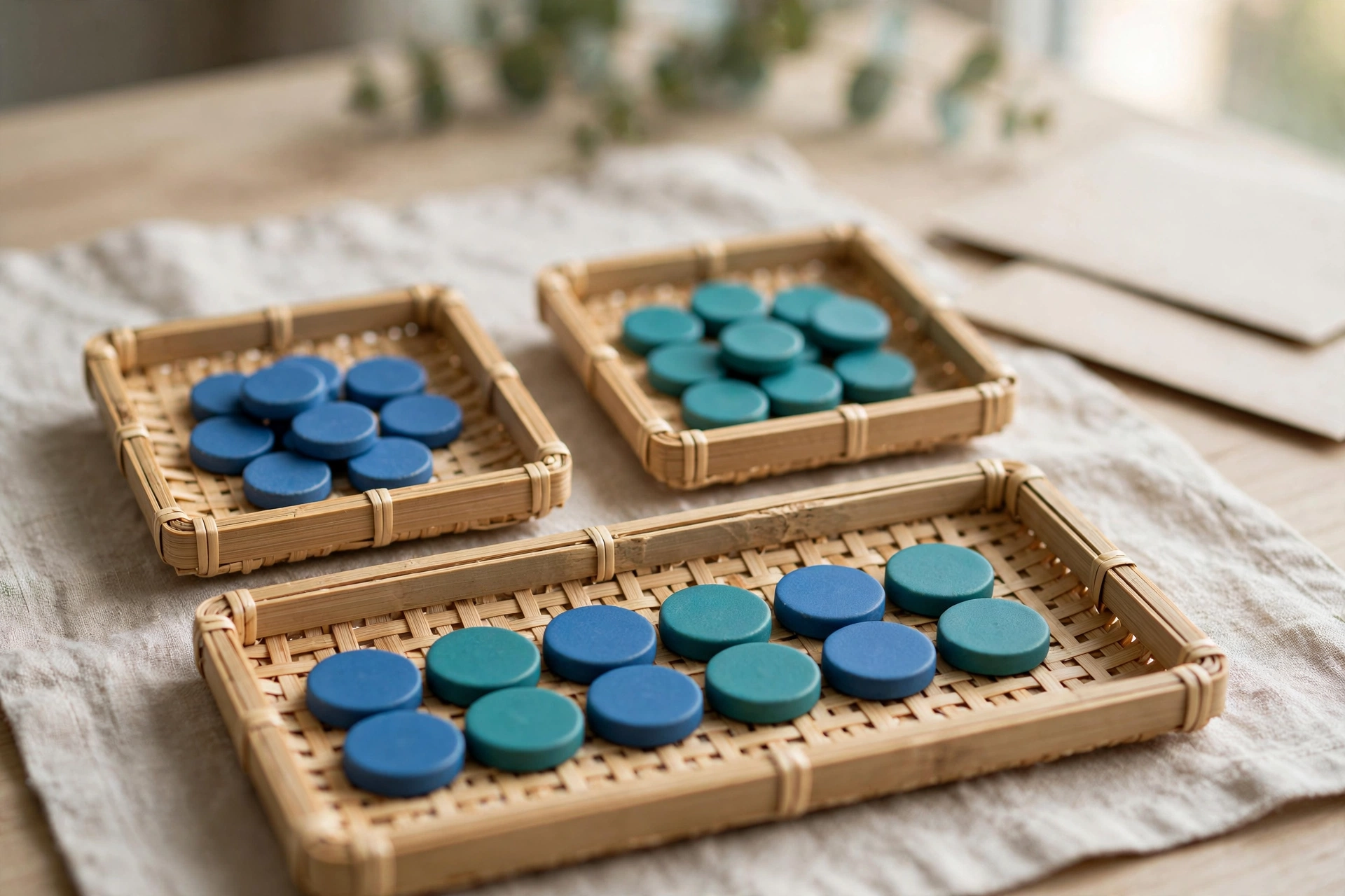 Three bamboo trays with blue and teal tokens are arranged on a neutral cloth, with one tray showing a mixed sequence of both colors.