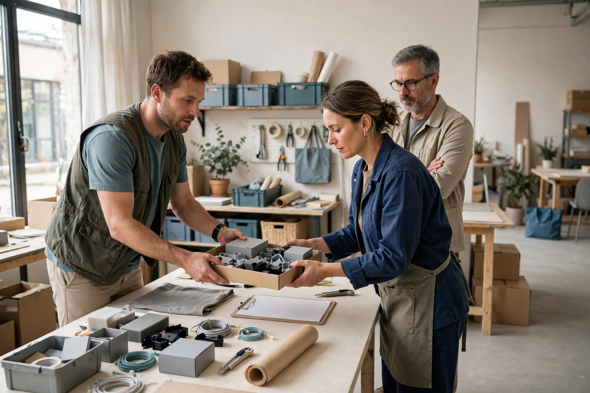 A man hands a box of components to a woman while a man stands behind them in a workshop.
