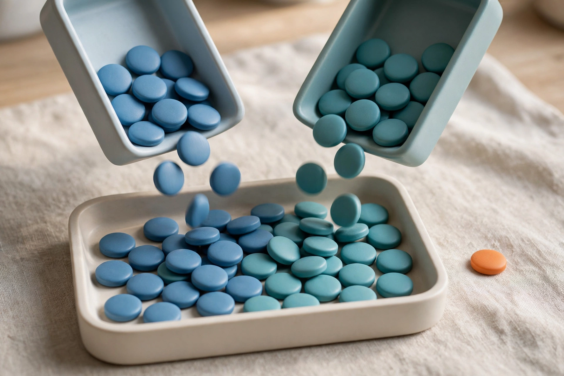 Two light blue trays pour blue and teal tokens into a single light beige tray, with one orange token to the side.