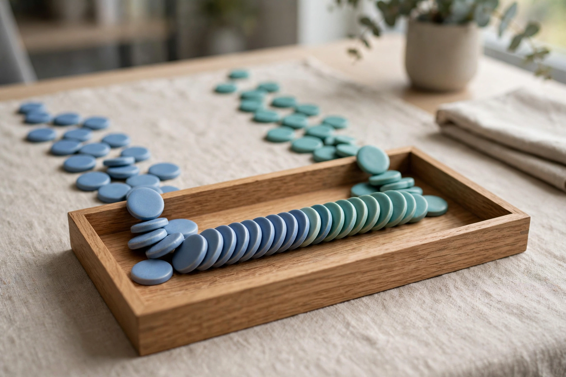 Two streams of blue and teal ceramic tokens converge into a single ordered row within a wooden sorting tray on a table.
